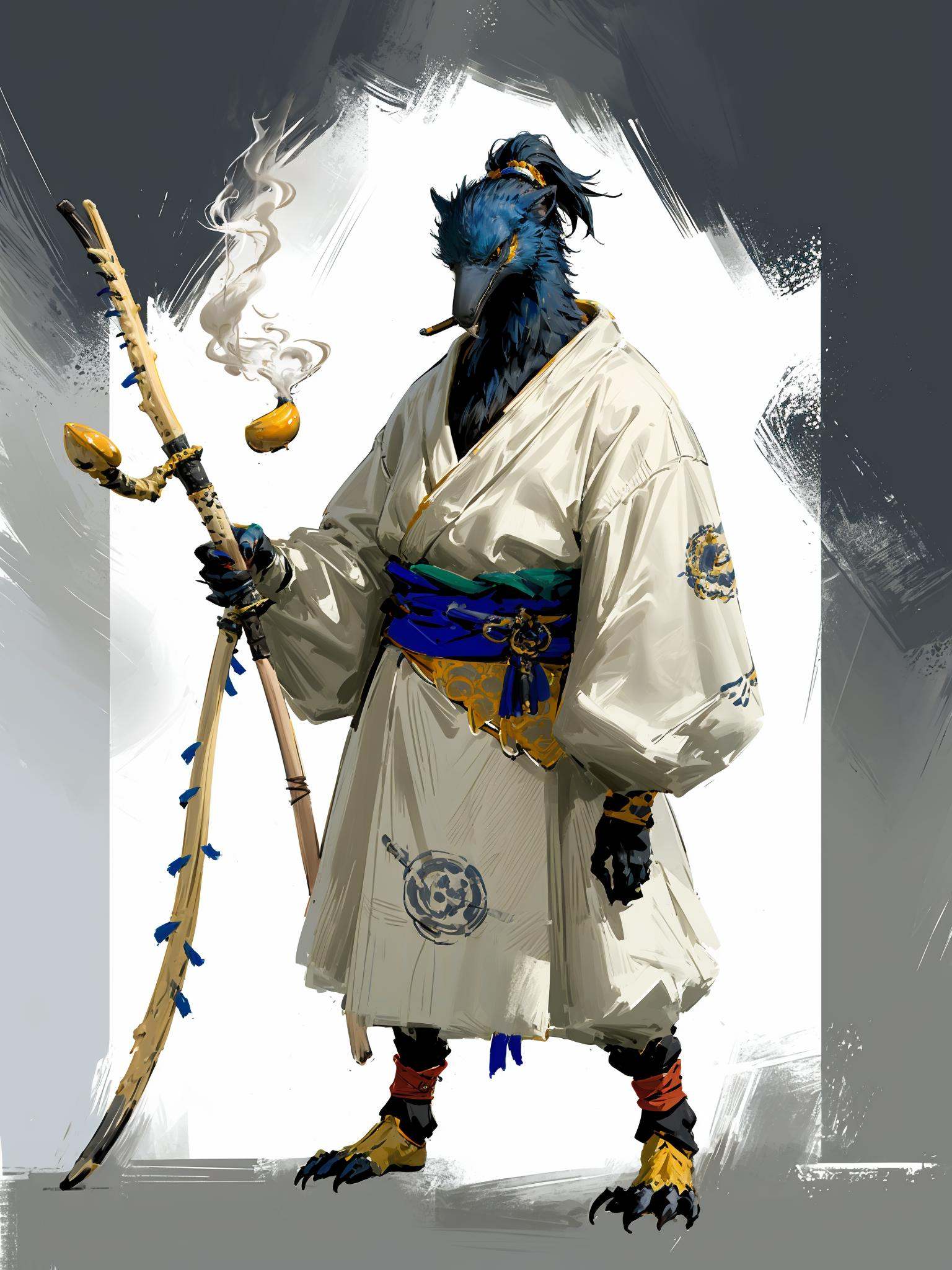 HEZI,game character,2D,Black Myth Goku character,dark style,white background,solo,holding,simple background,full body,furry,standing,sash,1boy,claws,over shoulder,weapon,male focus,smoking pipe,furry male,long sleeves,1other,holding smoking pipe,talons,holding weapon,holding staff,<lora:黑悟空人物设计-000011:0.7>,