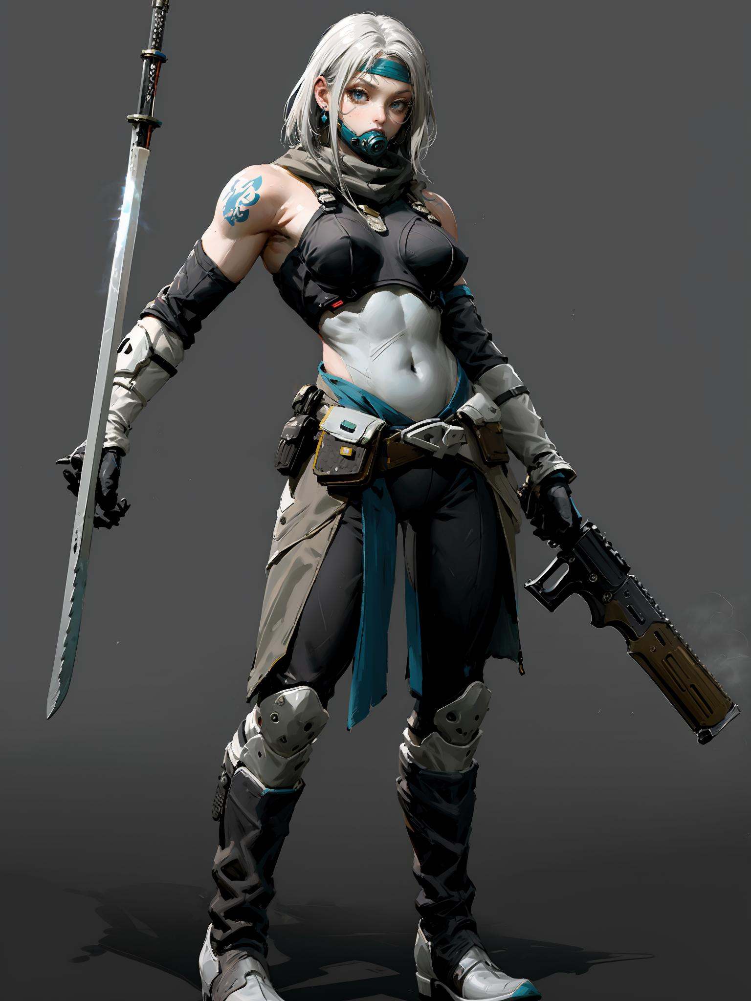 HEZI,game character design,Overwatch style,European and American character design,1girl,solo,weapon,holding weapon,gun,gloves,high heels,full body,holding,boots,jewelry,earrings,breasts,pants,standing,simple background,grey background,holding gun,high heel boots,medium hair,white hair,bare shoulders,bandaid,grey bodysuit,looking at viewer,black gloves,grey eyes,cyberpunk,muscular,bandaid on face,armored boots,arm strap,pouch,black pants,goggles,parted lips,sleeveless,tattoo,short hair,medium breasts,grey hair,bodysuit,cyborg,holster,covered navel,bangs,leotard,muscular female,grey footwear,grey gloves,respirator,tight,blue eyes,rifle,armor,sword,white background,knife,prosthesis,closed mouth,skin tight,knee boots,mask,belt,mask around neck,large breasts,long hair,<lora:黑悟空人物设计-000011:0.7>,