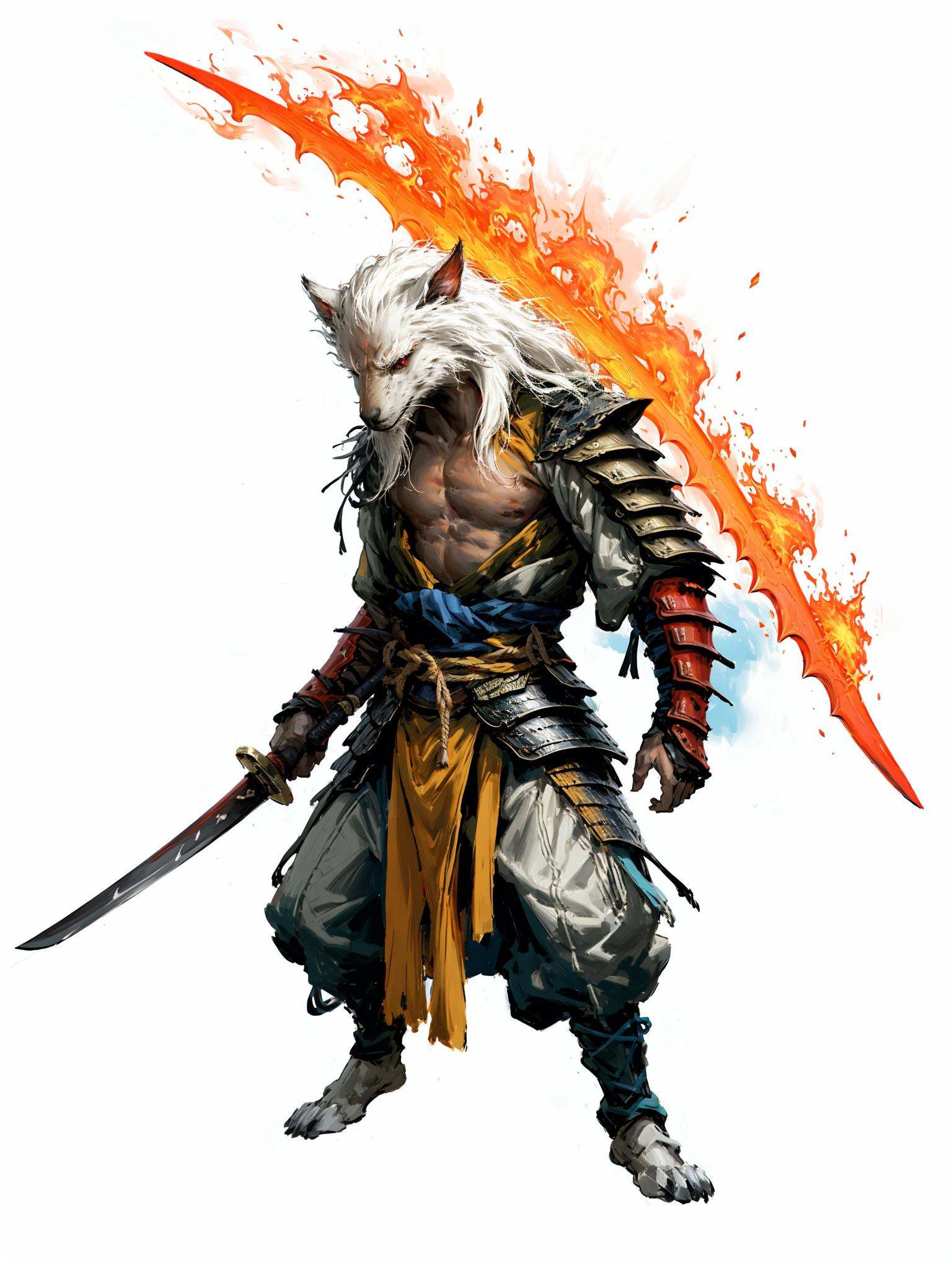 HEZI, game character, 2D, Black Myth Goku character, dark style, weapon, sword, holding, 1boy, holding sword, holding weapon, male focus, solo, flaming weapon, flaming sword, armor, furry male, furry, fire, red eyes, white hair, standing, full body, katana, simple background, japanese clothes, samurai, white background, sash, glowing weapon, japanese armor, looking at viewer, long hair, pants,<lora:黑悟空人物设计-000011:0.7>,