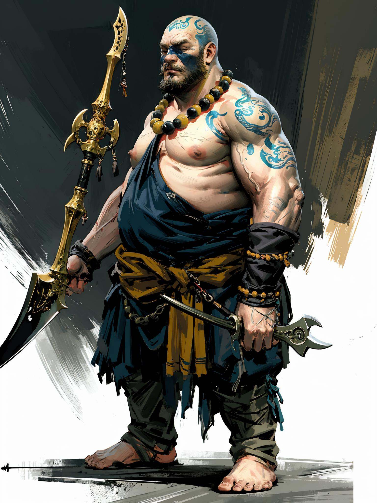 HEZI, game character, 2D, Black Myth Goku character, dark style, solo, 1boy, male focus, holding, weapon, necklace, pectorals, holding weapon, facial hair, bald, muscular male, tattoo, beads, muscular, holding axe, jewelry, axe, full body, looking at viewer, bead necklace, arm tattoo, beard, bare pectorals, standing, scar on face, mature male, scar, short hair, prayer beads, nipples, black hair, large pectorals, shoulder tattoo, toenails, bara, scar on forehead, torn clothes, barefoot, veins, holding polearm, white background, chest hair, fat, holding staff, fat man, staff, simple background, abs, black pants, pants<lora:黑悟空人物设计-000011:0.7>,