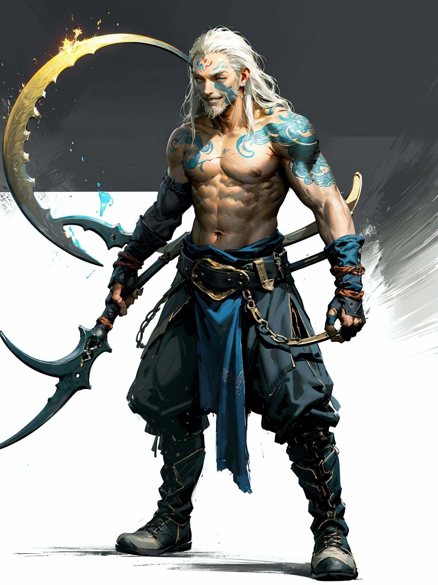 HEZI,European and American cartoon character design,tension,game style,game character,1boy,long hair,male focus,solo,holding,scythe,grey background,gradient,glowing,gradient background,holding scythe,white hair,abs,standing,weapon,boots,pectorals,fur trim,jewelry,pants,muscular,tattoo,smile,bracelet,holding weapon,closed mouth,gloves,earrings,topless male,muscular male,full body,black footwear,collarbone,looking at viewer,fingerless gloves,elbow gloves,simple background,black gloves,glowing eyes,clenched hand,armor,very long hair,no shirt,grey pants,blue eyes,facial mark,yellow eyes,colored skin,fur-trimmed boots,belt,bangs,navel,facial hair,bare pectorals,gem,bare shoulders,chest tattoo,bridal gauntlets,staff,shadow,chinese clothes,grey eyes,<lora:黑悟空人物设计-000011:0.7>,