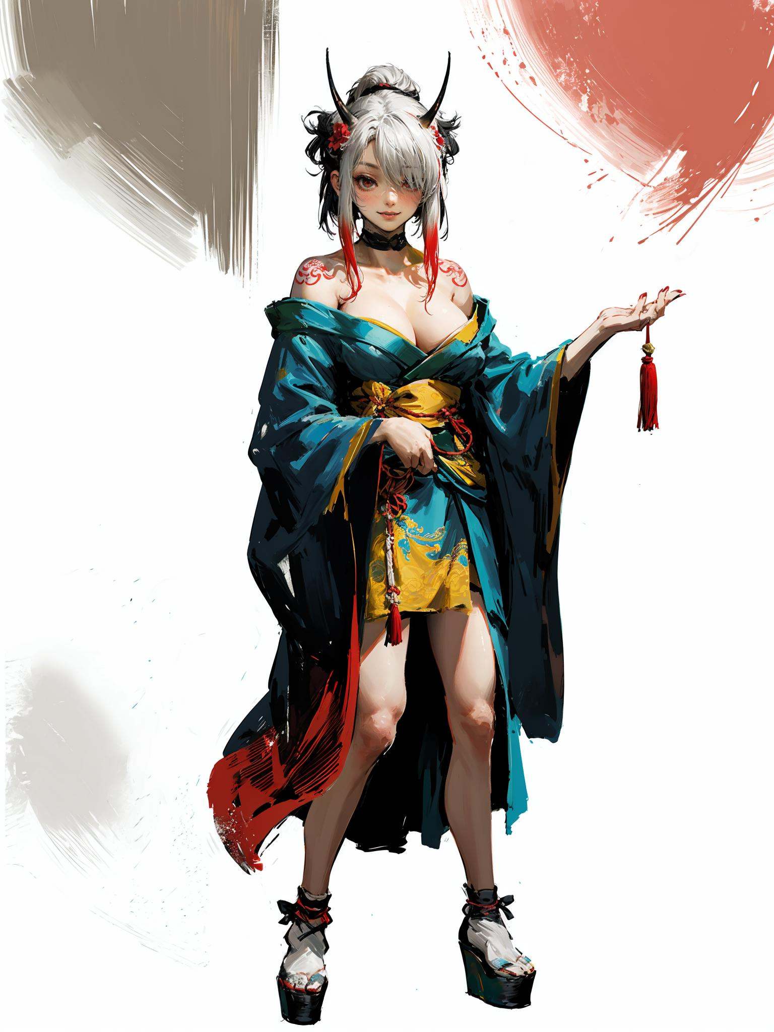 costume, HEZI, Chinese style, character design, game style, 1girl, solo, japanese clothes, floating, horns, kimono, black hair, white background, hair ornament, flower, red eyes, hair flower, simple background, high heels, multicolored hair, bare shoulders, looking at viewer, full body, mirror, breasts, smile, black footwear, tattoo, floating object, off shoulder, wide sleeves, bangs, choker, leg tattoo, hair over one eye, crescent, hair stick, hair bun, white hair, animal ears, cleavage, long sleeves, standing, platform footwear, tassel, streaked hair, parted lips, sidelocks, large breasts, oni horns, closed mouth, purple kimono, socks, side slit, black choker, two-tone hair, dress, red flower, levitation, oni, gradient clothes,<lora:黑悟空人物设计-000011:0.7>,