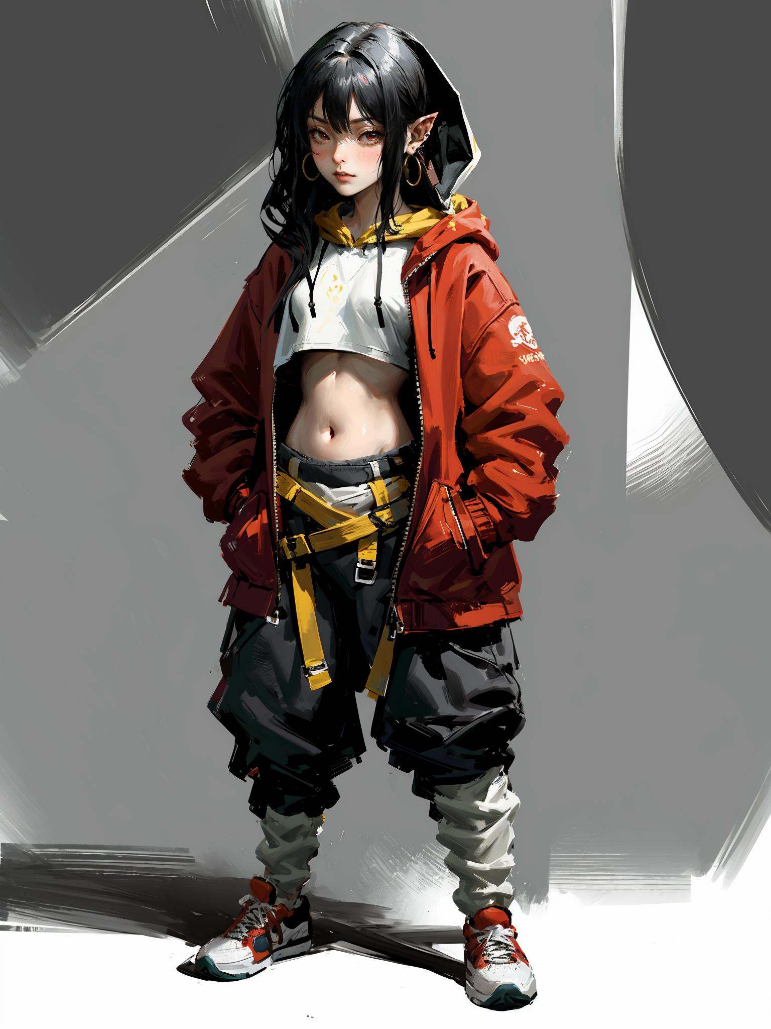 HEZI,game character design,Overwatch style,European and American character design,(best quality),((masterpiece)),(highres),illustration,original,extremely detailed,1girl,solo,hands in pockets,navel,pointy ears,jewelry,earrings,white background,midriff,pants,red eyes,hair over one eye,simple background,shoes,black hair,long hair,hood,full body,red jacket,looking at viewer,hoodie,sneakers,hoop earrings,crop top,red pants,standing,jacket,baggy pants,dark-skinned female,breasts,closed mouth,<lora:黑悟空人物设计-000011:0.7>,