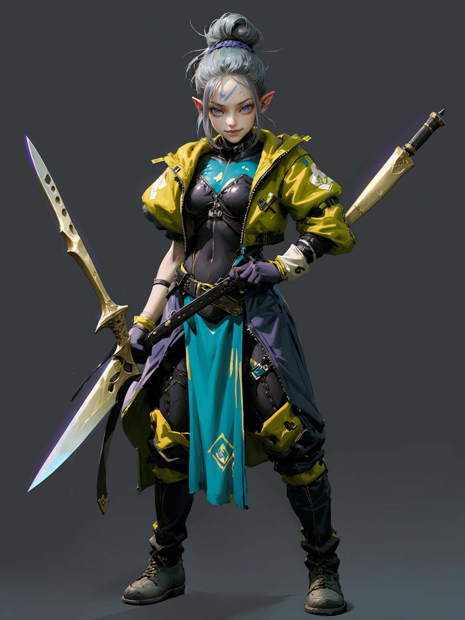 HEZI,European and American cartoon character design,tension,game style,game character,1girl,solo,pointy ears,weapon,holding,jacket,gradient,knife,gradient background,gloves,green background,open jacket,bangs,holding weapon,black gloves,closed mouth,standing,full body,shiny,boots,purple hair,bodysuit,open clothes,looking at viewer,single hair bun,black jacket,smile,shiny hair,holding knife,black footwear,cropped jacket,long hair,dual wielding,hair bun,gun,simple background,purple skin,dagger,breasts,glowing,purple eyes,ponytail,pants,grey background,thigh strap,blue eyes,throwing knife,purple bodysuit,shoes,caitlyn \(league of legends\),cyberpunk,shiny clothes,colored skin,ankle boots,holding gun,grey bodysuit,spikes,alternate costume,artist name,short sleeves,elf,purple jacket,short hair,hair up,medium hair,grey hair,armor,multicolored hair,blue hair,collar,facial mark,holding dagger,<lora:黑悟空人物设计-000011:0.7>,
