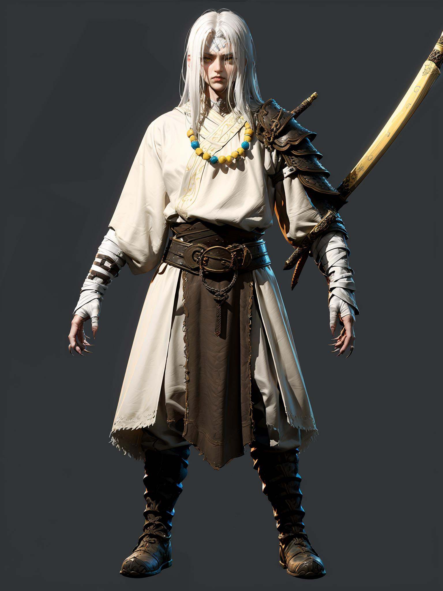 HEZI,game character,3D,Black Myth Goku character,dark style,solo,weapon,1boy,male focus,simple background,long hair,standing,white hair,belt,necklace,looking at viewer,full body,yellow eyes,sword,jewelry,sheath,fingernails,boots,armor,scabbard,closed mouth,dagger,black background,knife,long sleeves,beads,pants,sharp fingernails,holding,colored skin,shoulder armor,sash,bandages,bracelet,<lora:黑悟空人物设计-000011:0.7>,
