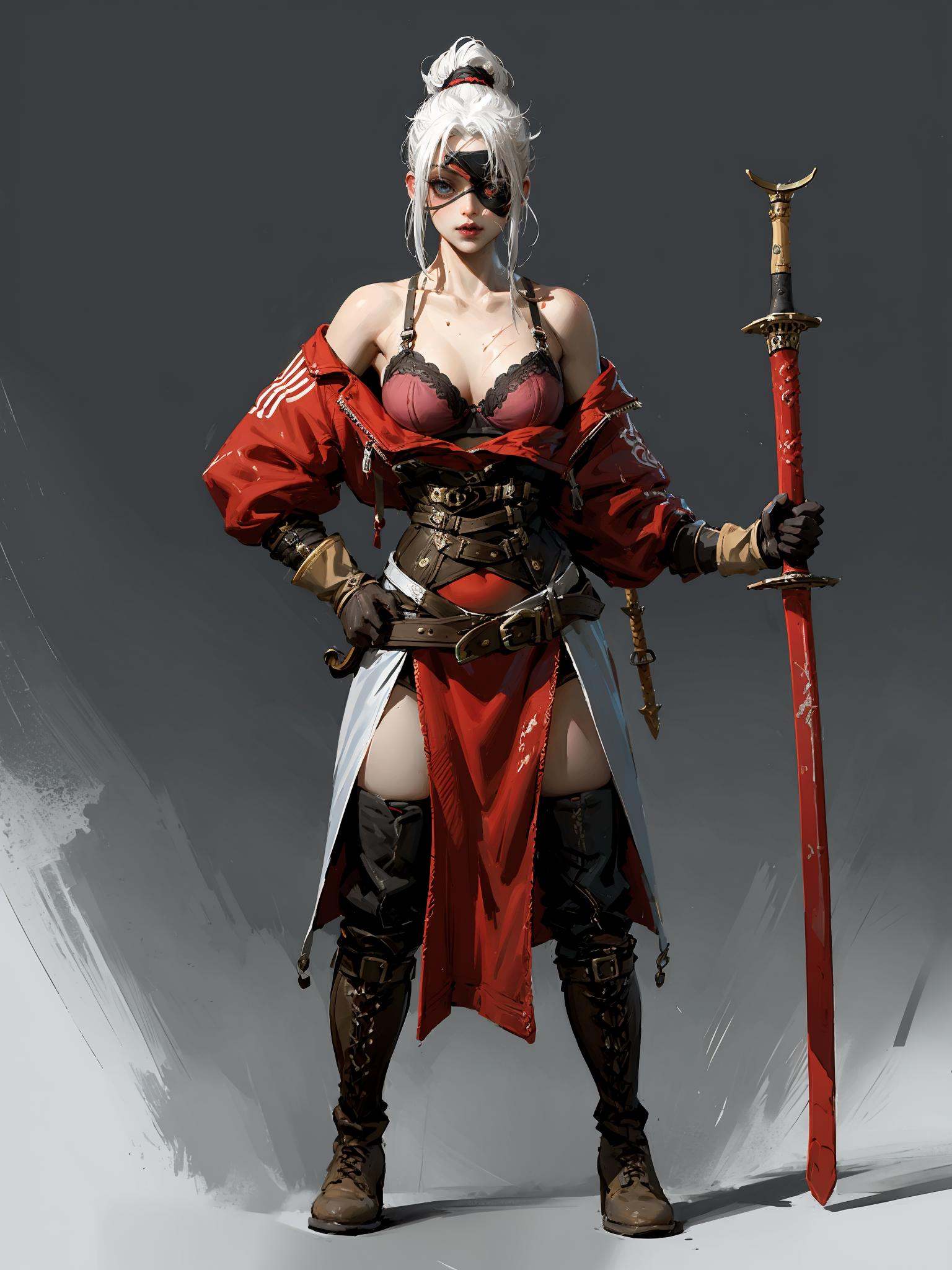 HEZI, European and American cartoon character design, tension, game style, game character, 1girl, weapon, solo, boots, thigh boots, high heels, gloves, breasts, holding, sword, high heel boots, full body, thighhighs, belt, eyepatch, cleavage, hand on hip, knife, black gloves, standing, blue eyes, corset, white hair, pants, makeup, medium breasts, bare shoulders, off shoulder, sheath, ponytail, holding weapon, weapon on back, leather, lips, leather gloves, brown footwear, black footwear, simple background, red lips, dagger, lipstick, leather boots, looking at viewer, scar, sheathed, grey background, white background, nose, scar on face, large breasts, buckle, scabbard, long sleeves, shirt, between fingers, red jacket, bra, closed mouth, short ponytail, elbow gloves, eyeshadow, gradient, long hair, belt buckle, strap, pink lips, necklace, bangs, underwear, jacket, brown gloves, gradient background, scar across eye, grey eyes, jewelry, red pants, collarbone, holding sword, red shirt, shadow, striped, short hair<lora:黑悟空人物设计-000011:0.7>,