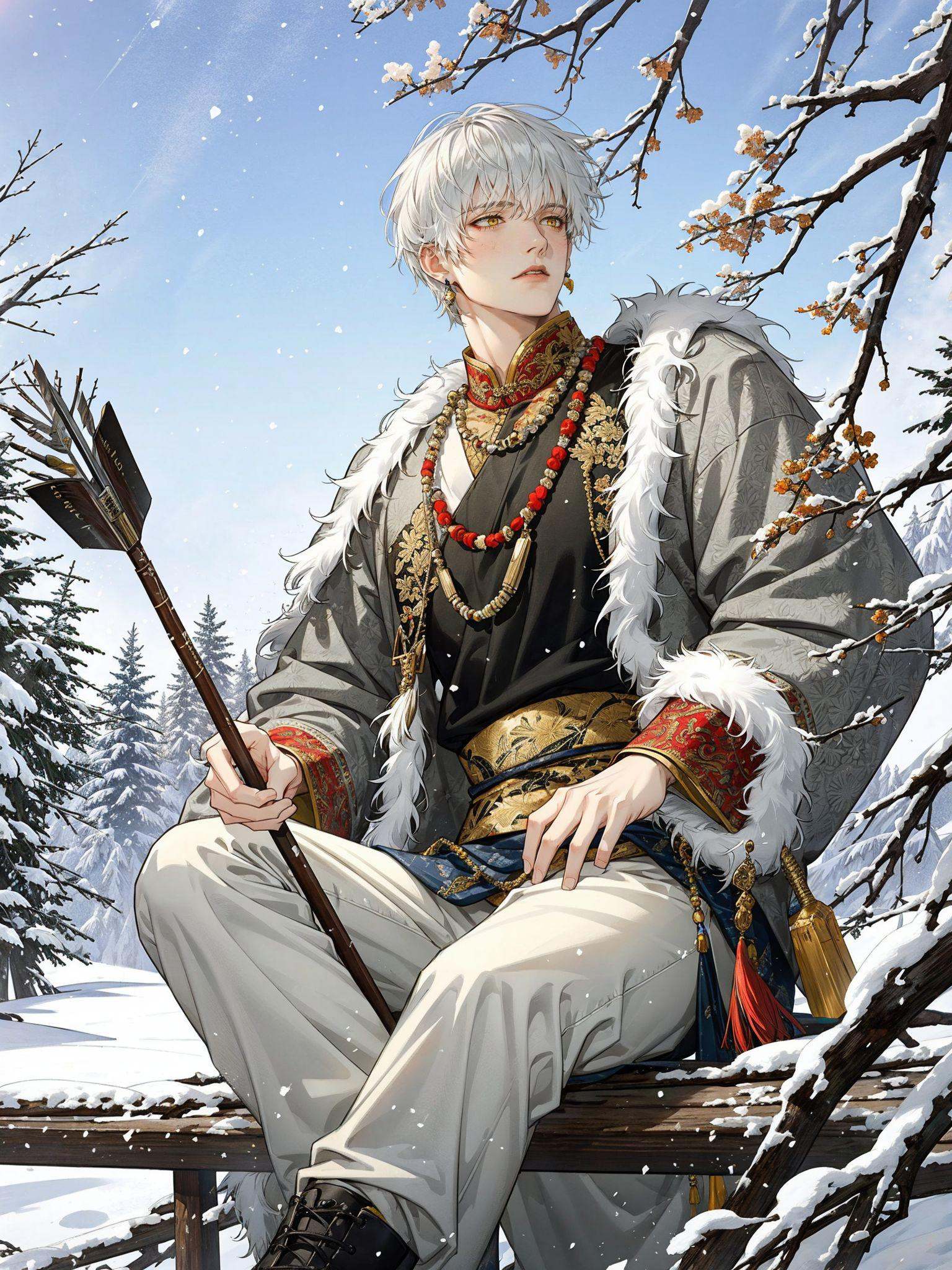 colorful,HEZI,Otome game,game promotional picture,1boy,male focus,jewelry,solo,arrow \(projectile\),earrings,white hair,outdoors,snow,holding,necklace,yellow eyes,pants,holding arrow,bow \(weapon\),snowing,weapon,short hair,long sleeves,fur trim,looking to the side,holding bow \(weapon\),day,beads,white pants,parted lips,black footwear,blurry,holding weapon,chinese clothes,branch,boots,winter,quiver,tassel,tassel earrings,sky,tree,sitting,looking away,grey pants,leaf,<lora:乙女风格游戏模型-000019:0.5>,