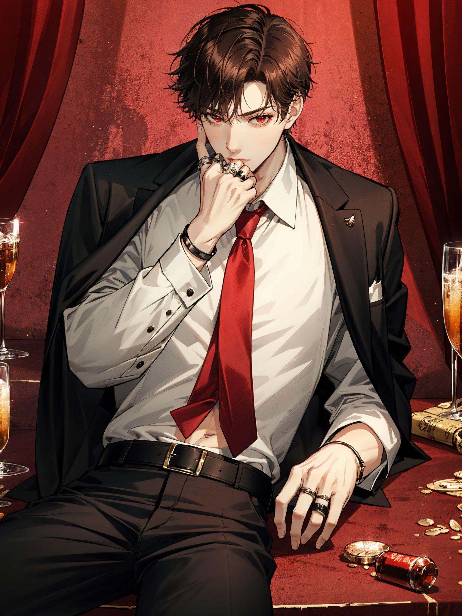 colorful, HEZI, Otome game, game promotional picture, ring, 1boy, male focus, jacket, shirt, belt, jewelry, solo, pants, red eyes, gem, short hair, black pants, necktie, white shirt, looking at viewer, long sleeves, gloves, black jacket, multiple rings, collared shirt, black gloves, vest, cup, green jacket, brown hair, hand on own face, black belt, red necktie, black hair, single glove, red gemstone, wine glass, sitting, alcohol, drinking glass, navel, partially unbuttoned, bangs, jacket on shoulders, indoors, bird, glint, bracelet, spill, table, cowboy shot, open clothes, buttons<lora:乙女风格游戏模型-000019:0.5>,