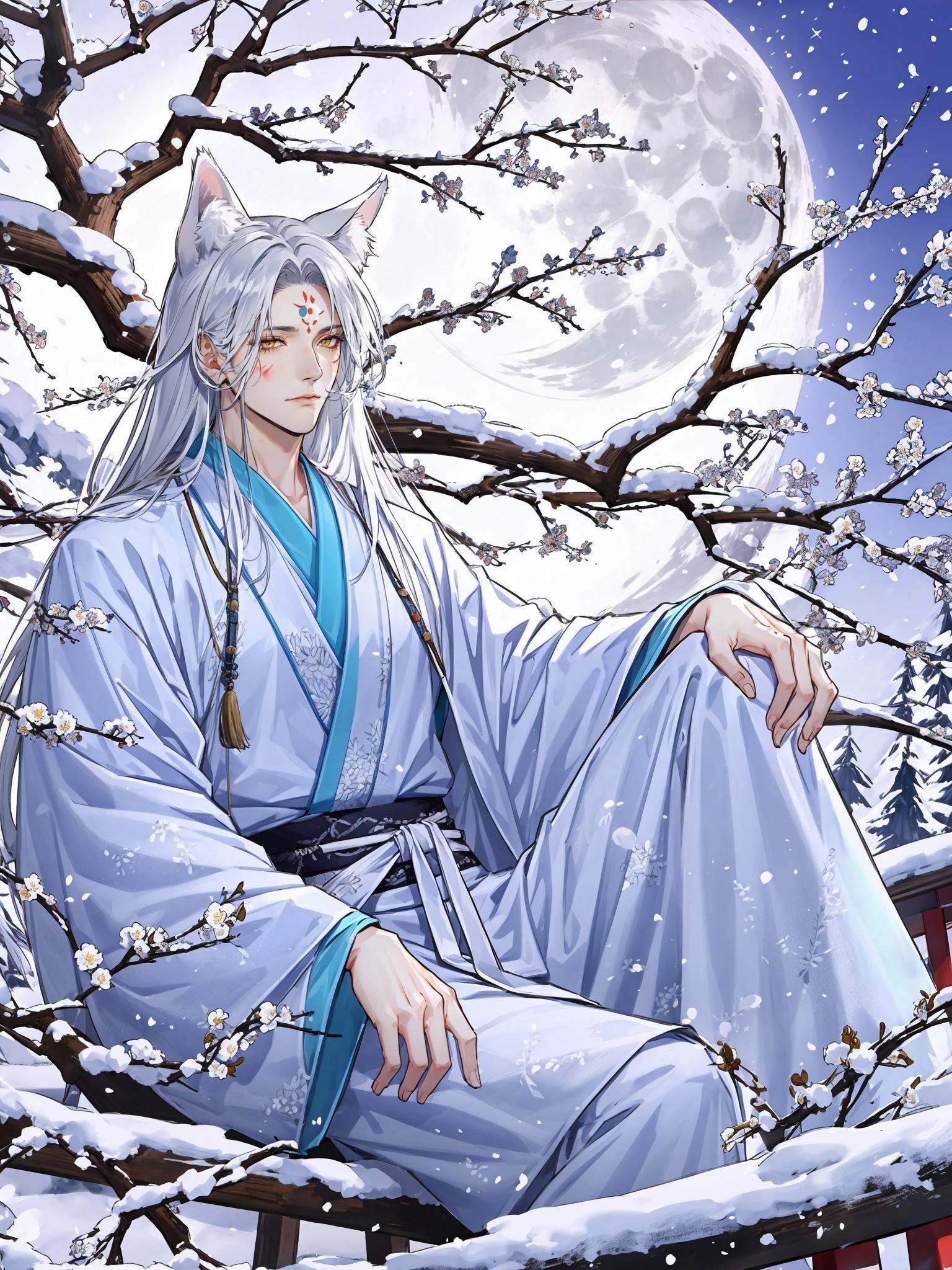 colorful,HEZI,Otome game,game promotional picture,hanfu,1boy,male focus,long hair,solo,animal ears,moon,chinese clothes,snow,white hair,facial mark,hand on own knee,fox ears,yellow eyes,fox boy,sitting,long sleeves,forehead mark,full moon,very long hair,tail,outdoors,white flower,branch,night,flower,bishounen,fox tail,looking at viewer,wide sleeves,parted bangs,snowing,haori,sky,tree,tassel,closed mouth,japanese clothes,rooftop,winter,knee up,blurry,sash,animal ear fluff,<lora:乙女风格游戏模型-000019:0.6>,