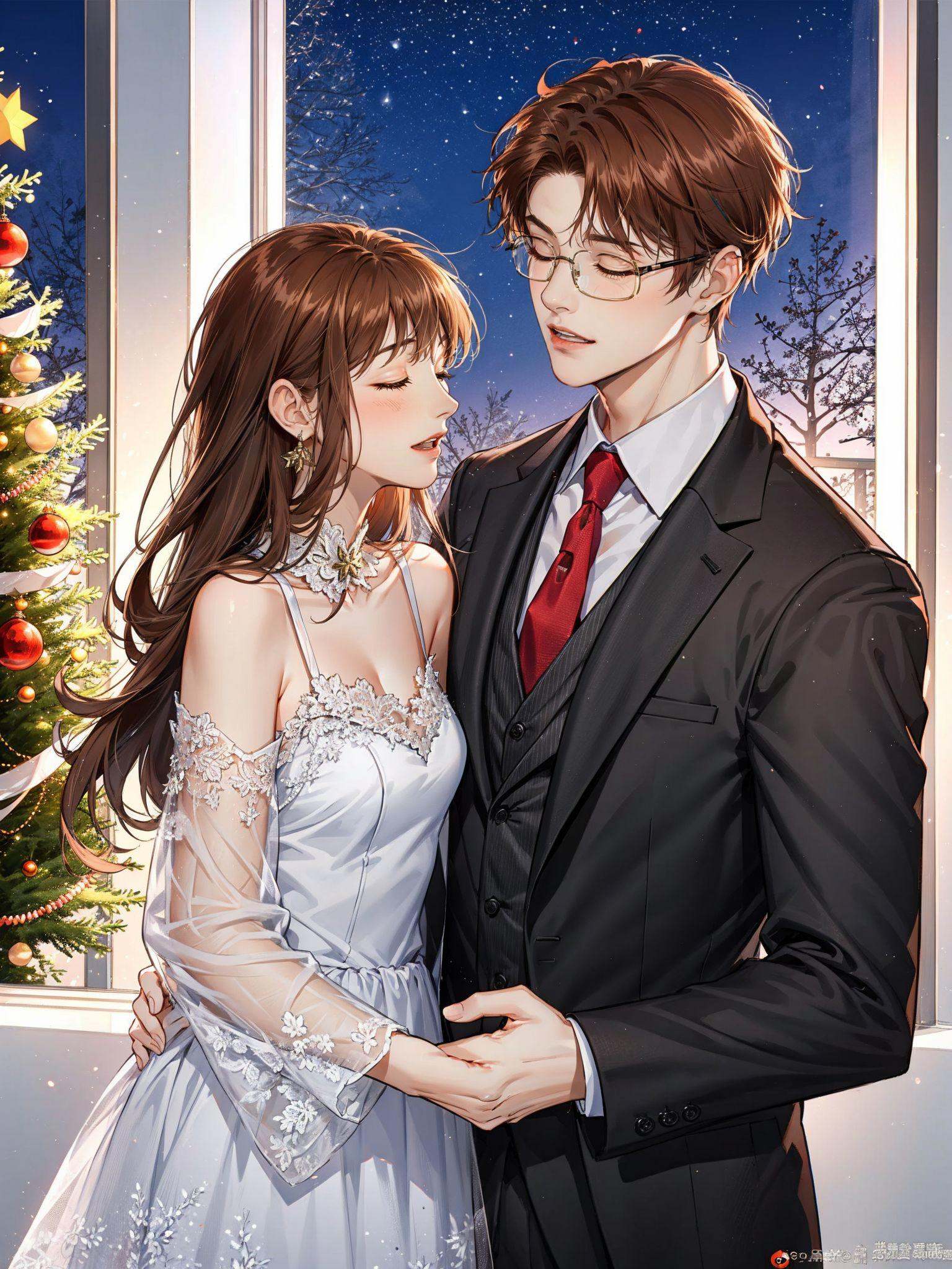colorful, HEZI, Otome game, game promotional picture, 1girl, 1boy, formal, dress, necktie, suit, brown hair, glasses, red necktie, closed eyes, long hair, white dress, indoors, brown eyes, vest, night, window, short hair, smile, hetero, jewelry, sky, weibo username, couple, shirt, black suit, detached sleeves, earrings, open mouth, long sleeves, orange hair, white shirt, weibo logo, parted lips, christmas tree<lora:乙女风格游戏模型-000019:0.5>,