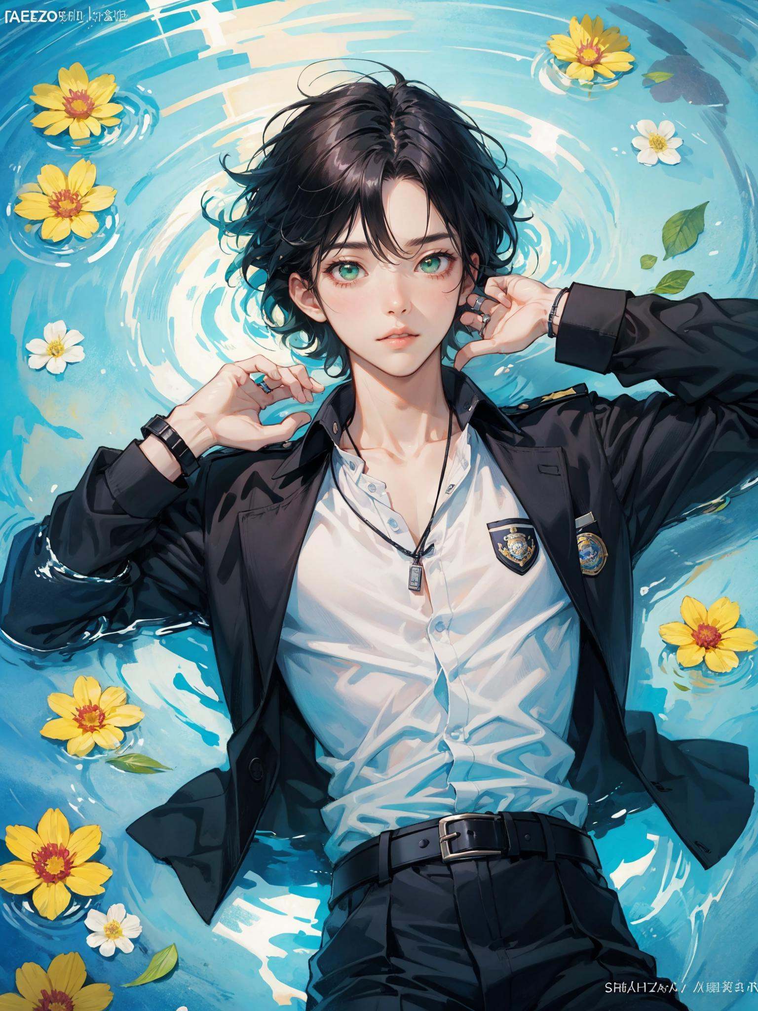 colorful,HEZI,Otome game,game promotional picture,male focus,1boy,solo,jewelry,bracelet,black hair,belt,flower,ring,shirt,short hair,lying,water,pants,uniform,on back,looking at viewer,black shirt,petals,black belt,badge,partially submerged,necklace,watermark,jacket,bishounen,green eyes,from above,artist name,police,shallow water,ripples,closed mouth<00lora:乙女风格游戏模型-0000019:0.5>,