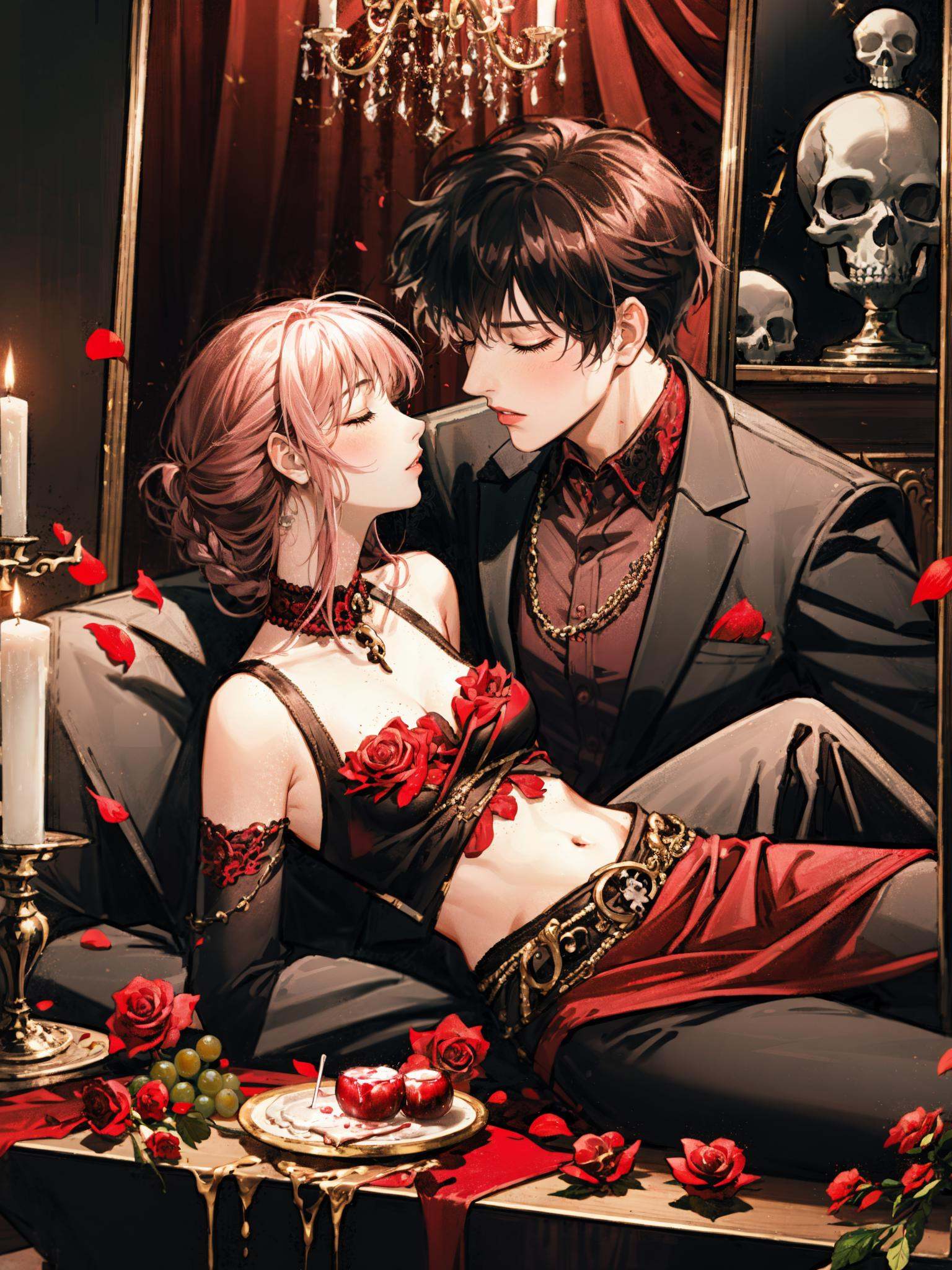 colorful, HEZI, Otome game, game promotional picture, food, long hair, fruit, 1boy, 1girl, ring, flower, wine glass, pants, candle, black pants, candlestand, gloves, lying, jewelry, rose, red flower, drinking glass, wine, petals, cup, grapes, black gloves, gem, open clothes, apple, closed eyes, red rose, on back, elbow gloves, hetero, brown hair, alcohol, profile, half updo, pink hair, chandelier, shirt, wine bottle, jacket, indoors, long sleeves, skull, knife, chain, red gemstone, beads, necklace, black hair, navel, braid, open shirt, parted lips, picture frame, couple, painting \(object\), blurry, depth of field, rose petals, spill, formal, white flower, open jacket, red jacket, chocolate, hand on another's face, cake, red shirt, eyelashes, bottle, box, very long hair, knee up, book, fork, burning, breasts, bare shoulders, vest, fire,<lora:乙女风格游戏模型-000019:0.5>,