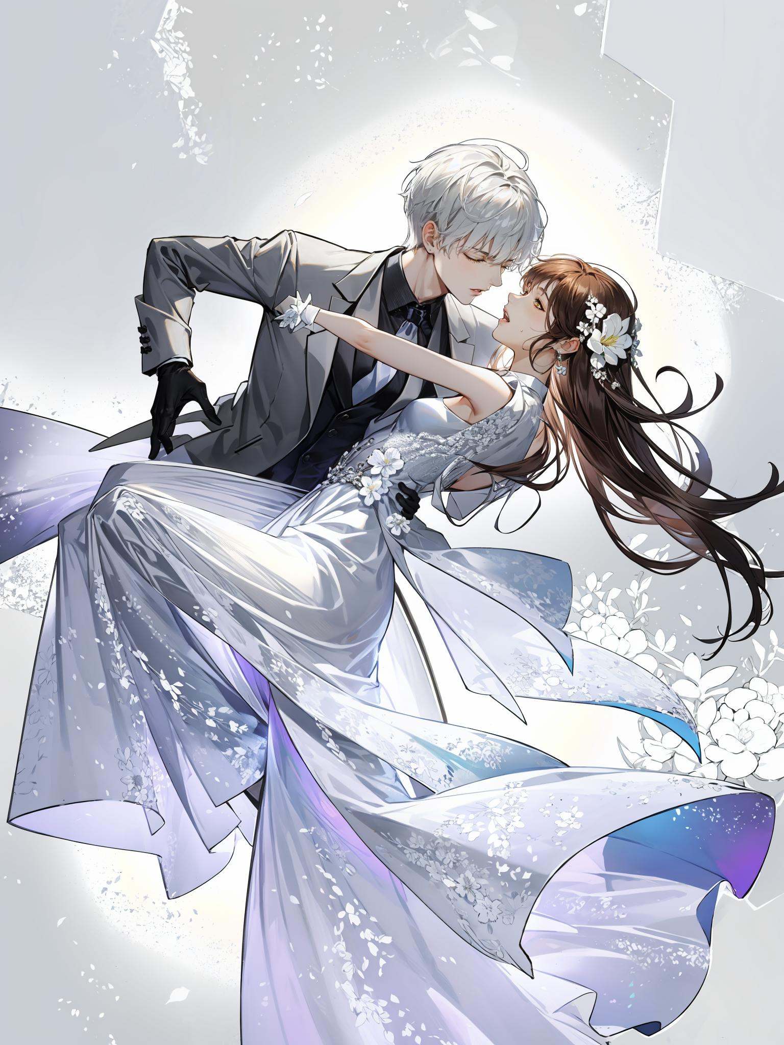 colorful, HEZI, Otome game, game promotional picture, 1girl, 1boy, dress, brown hair, long hair, hair ornament, black shirt, jewelry, earrings, looking at another, short hair, shirt, bangs, flower, coat, pants, jacket, hair flower, dancing, closed eyes, white flower, hetero, white hair, closed mouth, open mouth, bare shoulders, long sleeves, vest, gloves, purple dress, grey vest, white coat, formal, white jacket, yellow eyes, sleeveless dress, ribbon, sleeveless, grey jacket, brown eyes, breasts,<lora:乙女风格游戏模型-000019:0.5>,