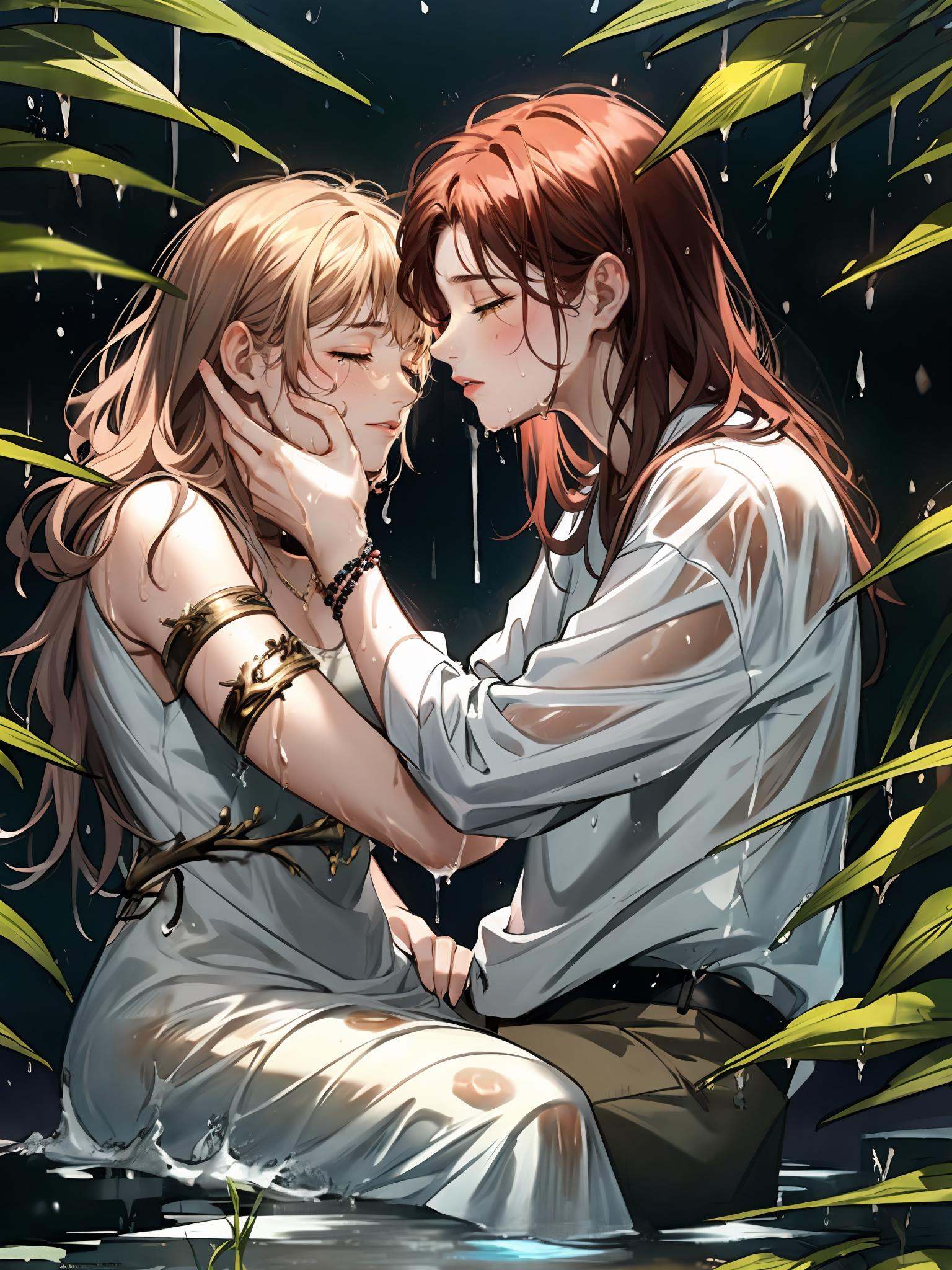 colorful,HEZI,Otome game,game promotional picture,long hair,wet,1girl,wet hair,water,armlet,blurry,1boy,closed eyes,depth of field,imminent kiss,dress,jewelry,white hair,wet clothes,parted lips,yellow eyes,hetero,nature,sitting,profile,from side,face-to-face,hand on another's chin,branch,wavy hair,night,red hair,tree,arm support,white dress,gem,couple,outdoors,very long hair,necklace,beads,bangs,bracelet,eyelashes,forest,half-closed eyes,rain,looking at another,hand up,partially submerged,plant,facial mark,see-through,crying,<lora:乙女风格游戏模型-000019:0.5>,