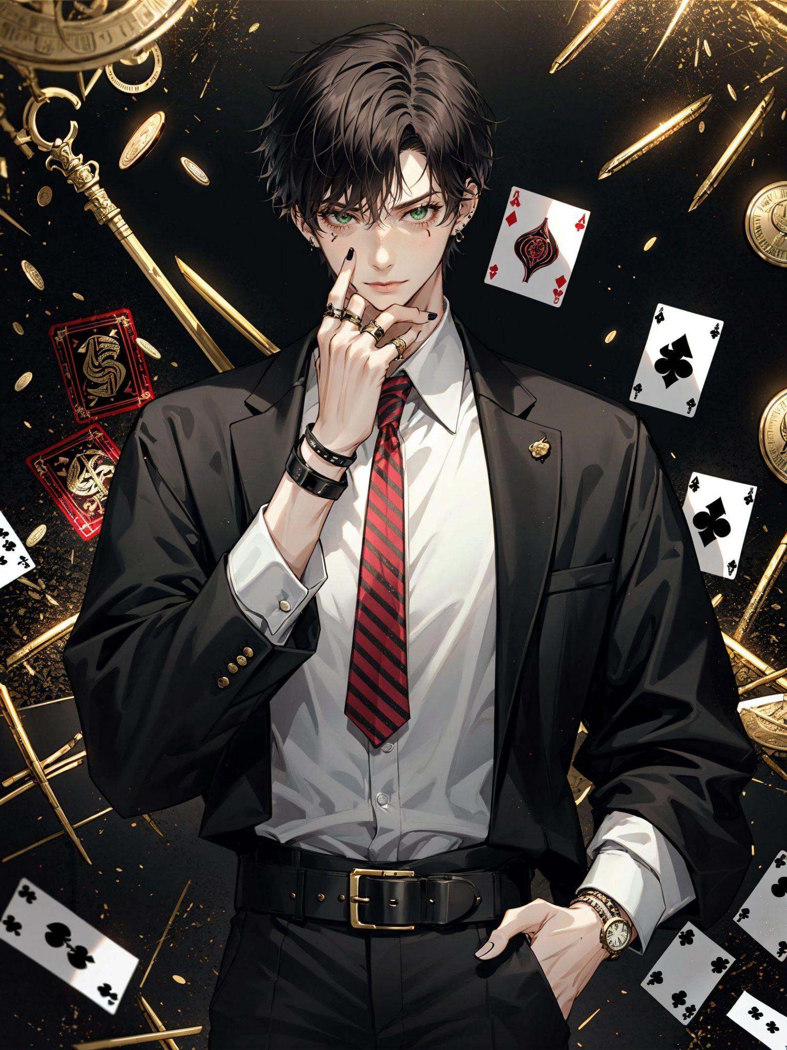 colorful,HEZI,Otome game,game promotional picture,1boy,solo,jewelry,ring,male focus,black hair,belt,shirt,coin,short hair,striped shirt,jacket,bracelet,hand in pocket,black jacket,weapon,tattoo,black belt,closed mouth,looking at viewer,striped,pants,light particles,glint,multiple rings,vertical-striped shirt,sword,bangs,black shirt,card,collared shirt,gold,chain,black nails,earrings,spade \(shape\),black pants,neck tattoo,long sleeves,blurry,key,playing card,cowboy shot,green eyes,standing,necktie,gun,bullet,hand on own face,hand up,open collar,over shoulder,smile,money,watch,open clothes,depth of field,dress shirt,buckle,<lora:乙女风格游戏模型-000019:0.5>,