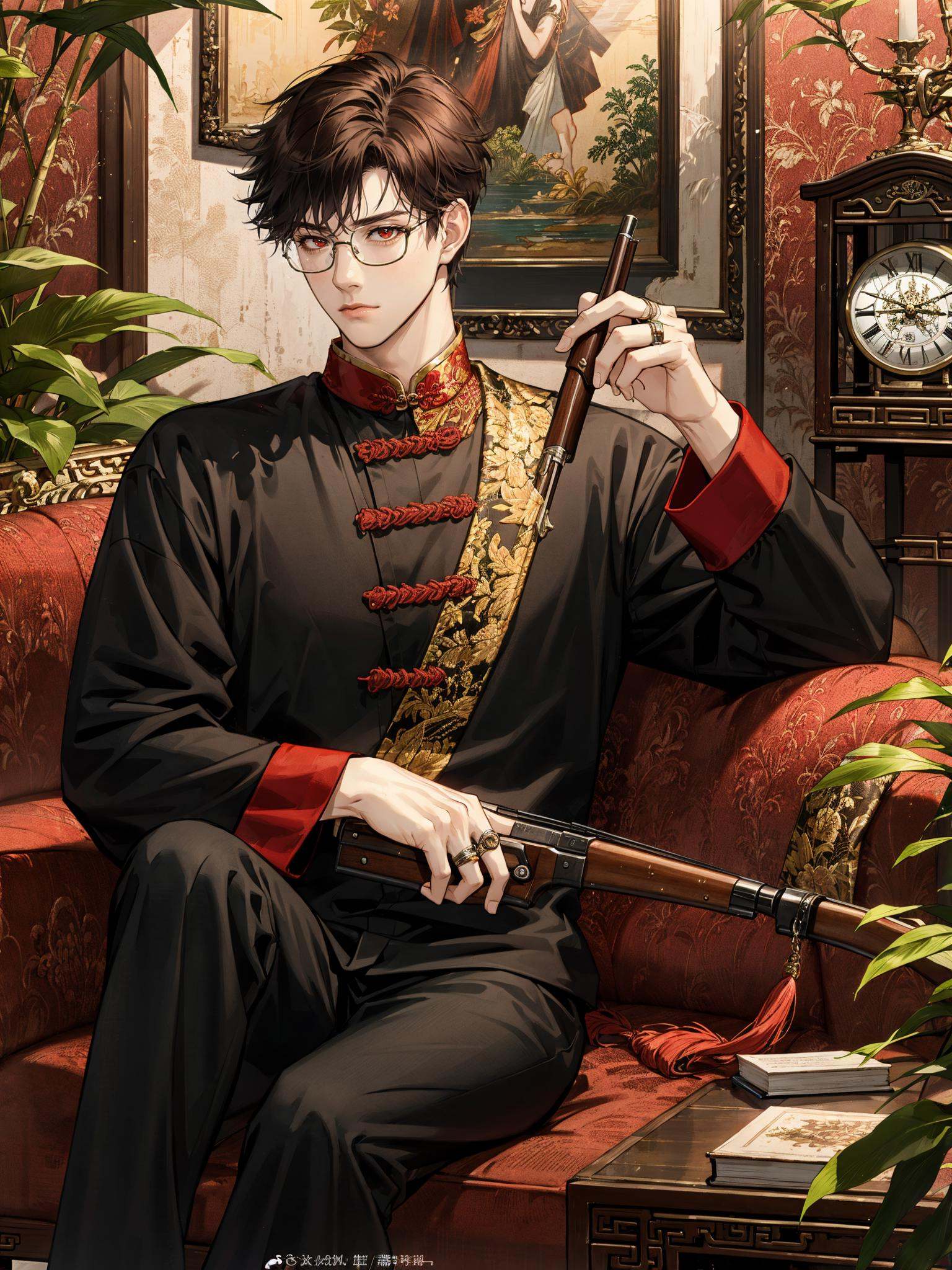 colorful, HEZI, Otome game, game promotional picture, 1boy, male focus, glasses, sitting, solo, holding, indoors, brown hair, short hair, jewelry, ring, black pants, gun, long sleeves, black hair, looking at viewer, chinese clothes, watermark, couch, plant, weapon, pants, clock, brown eyes, picture frame, blurry foreground, watch, glint, holding weapon, red eyes, tassel, artist name, book, holding gun, painting \(object\), blurry, instrument, feet out of frame<lora:乙女风格游戏模型-000019:0.5>,