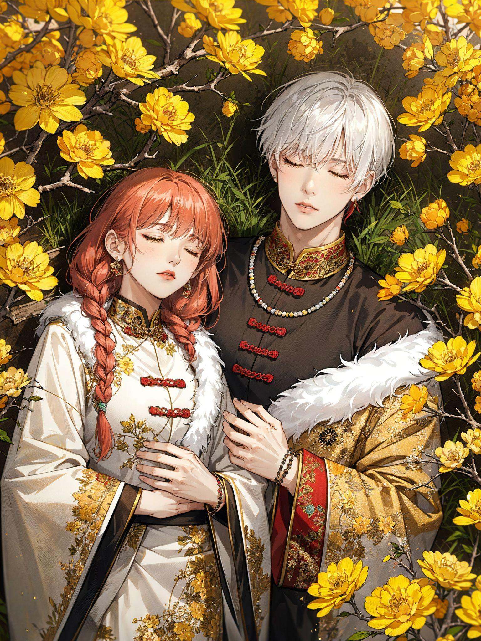 colorful, HEZI, Otome game, game promotional picture, 1girl, 1boy, braid, jewelry, twin braids, closed eyes, chinese clothes, earrings, yellow eyes, flower, white hair, lying, sleeping, necklace, fur trim, long hair, long sleeves, short hair, on back, tree, outdoors, yellow flower, hand on another's face, hetero, gem, bracelet, branch, red hair, tassel, parted lips, bangs, on ground, multicolored hair, wide sleeves, floral print<lora:乙女风格游戏模型-000019:0.5>,