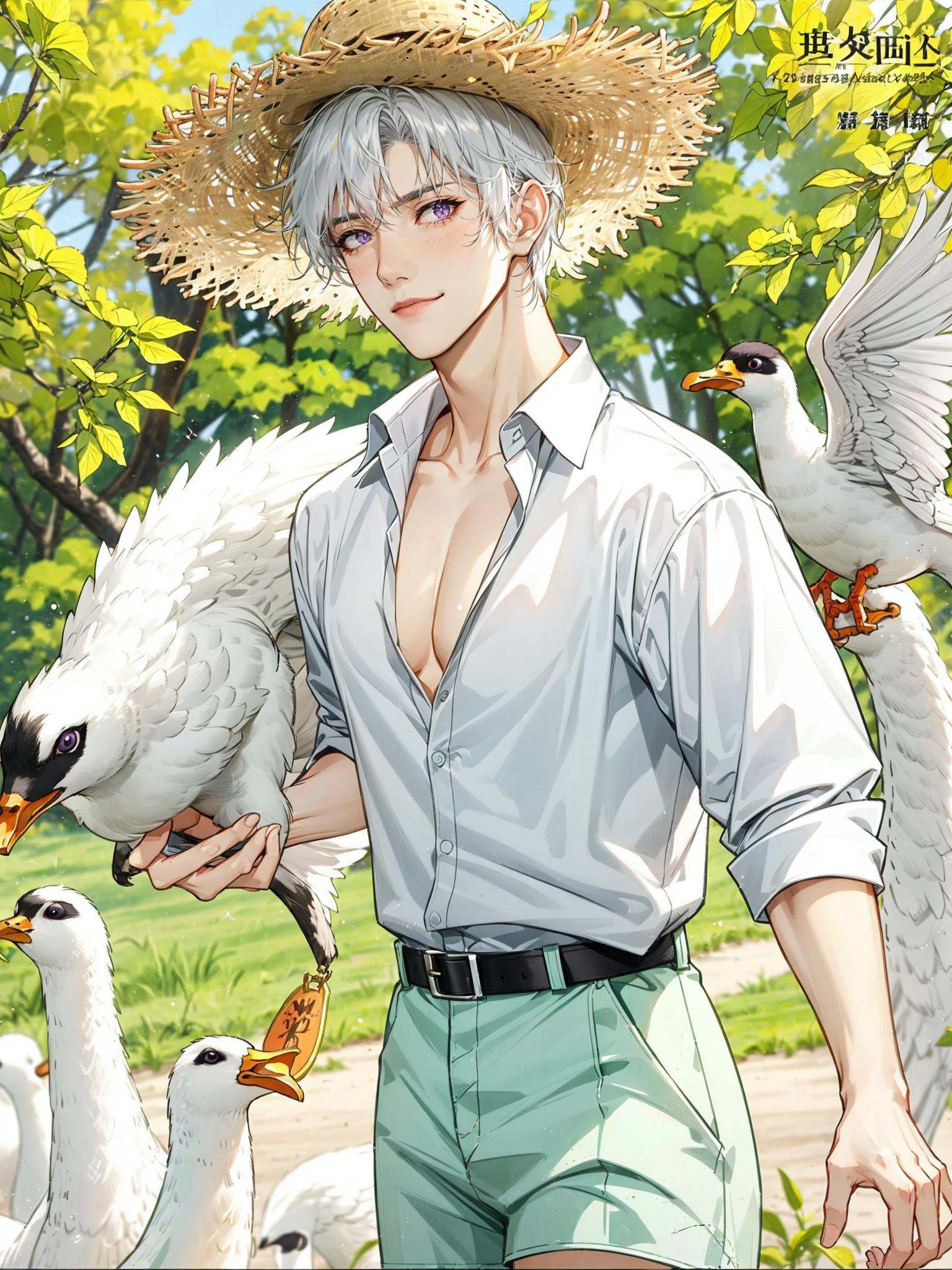 colorful, HEZI, Otome game, game promotional picture, 1boy, male focus, bird, hat, shirt, white hair, blurry, solo, blurry background, shorts, white shirt, smile, looking at viewer, straw hat, short hair, holding, purple eyes, sparkle, outdoors, pectoral cleavage, chinese text, depth of field, animal, pants, star \(symbol\), sleeves rolled up, cowboy shot, holding animal, belt, grey hair, collared shirt, partially unbuttoned, english text, ribbon, bangs, sun hat, duck, open shirt, standing, neck ribbon, pectorals<lora:乙女风格游戏模型-000019:0.5>,