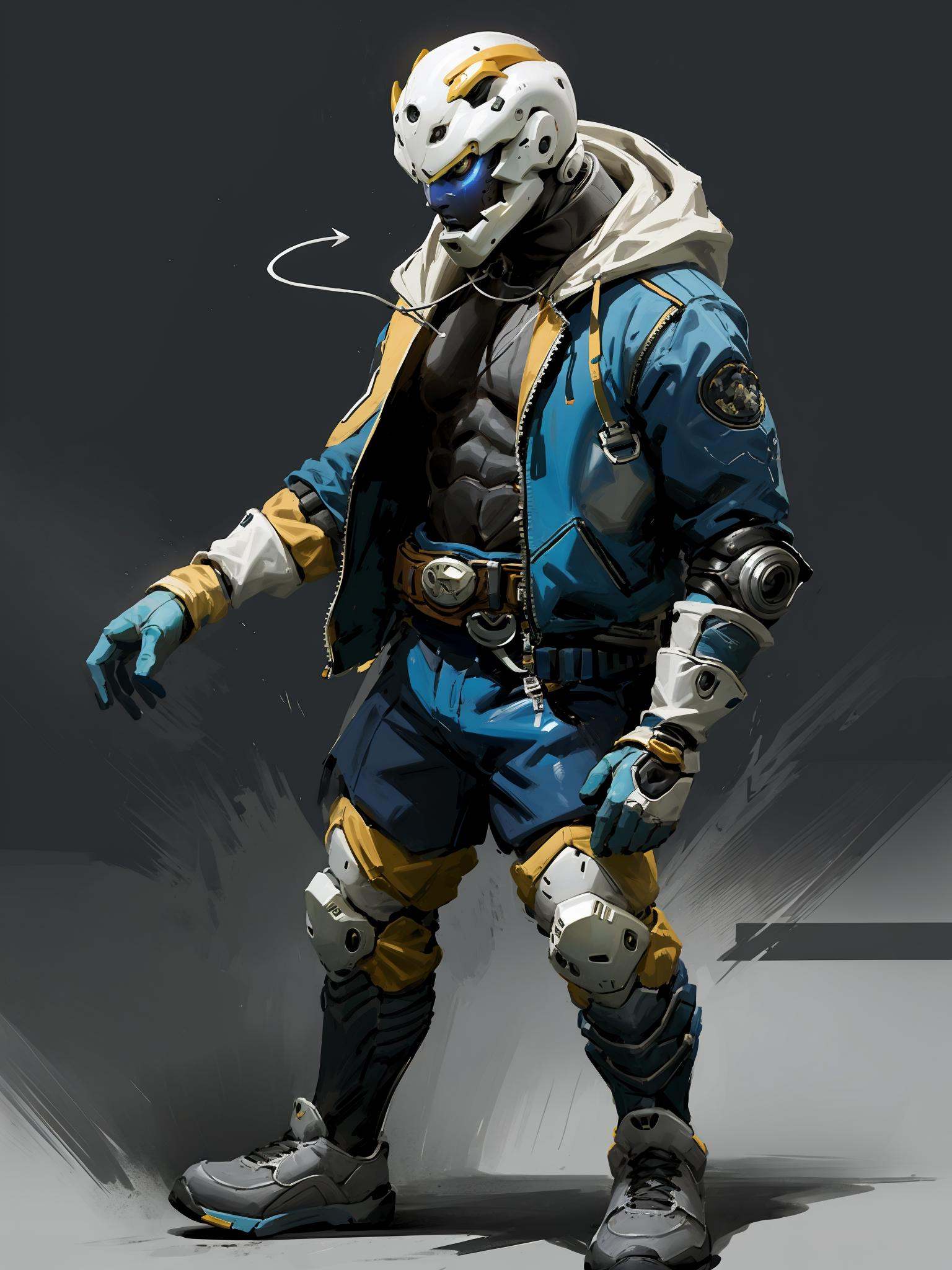 HEZI,game character design,Overwatch style,European and American character design,solo,blue shorts,shorts,humanoid robot,1boy,male focus,belt,standing,grey background,blue jacket,full body,1other,dreadlocks,jacket,hood,robot,knee pads,shirt,white background,shoes,vest,hood up,blue pants,torn clothes,gradient,bodysuit,pouch,cable,black footwear,blue shirt,black shirt,gradient background,sleeveless,open hands,gloves,shadow,blue gloves,fewer digits,simple background,sleeveless jacket,<lora:黑悟空人物设计-000011:0.7>,