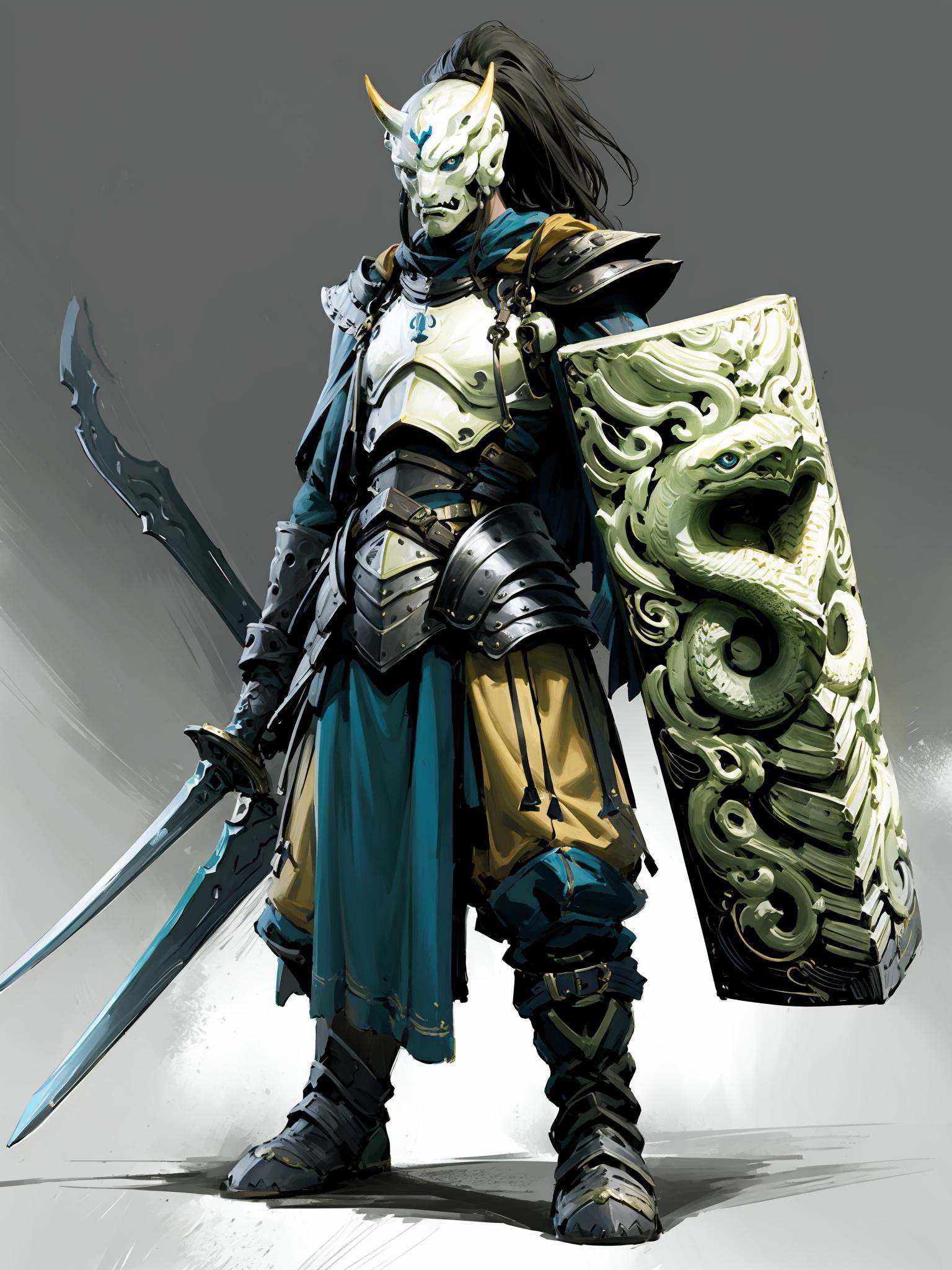 HEZI, game character, 2D, Black Myth Goku character, dark style, shield, weapon, armor, holding shield, holding weapon, sword, holding, holding sword, solo, standing, horns, 1boy, full armor, shoulder armor, helmet, male focus, full body, breastplate, ponytail, blue eyes, pauldrons, mask, black hair, skull, gradient, knight, gradient background, grey background, ambiguous gender, 1other, greaves, cape, looking at viewer, fantasy, boots,<lora:黑悟空人物设计-000011:0.7>,