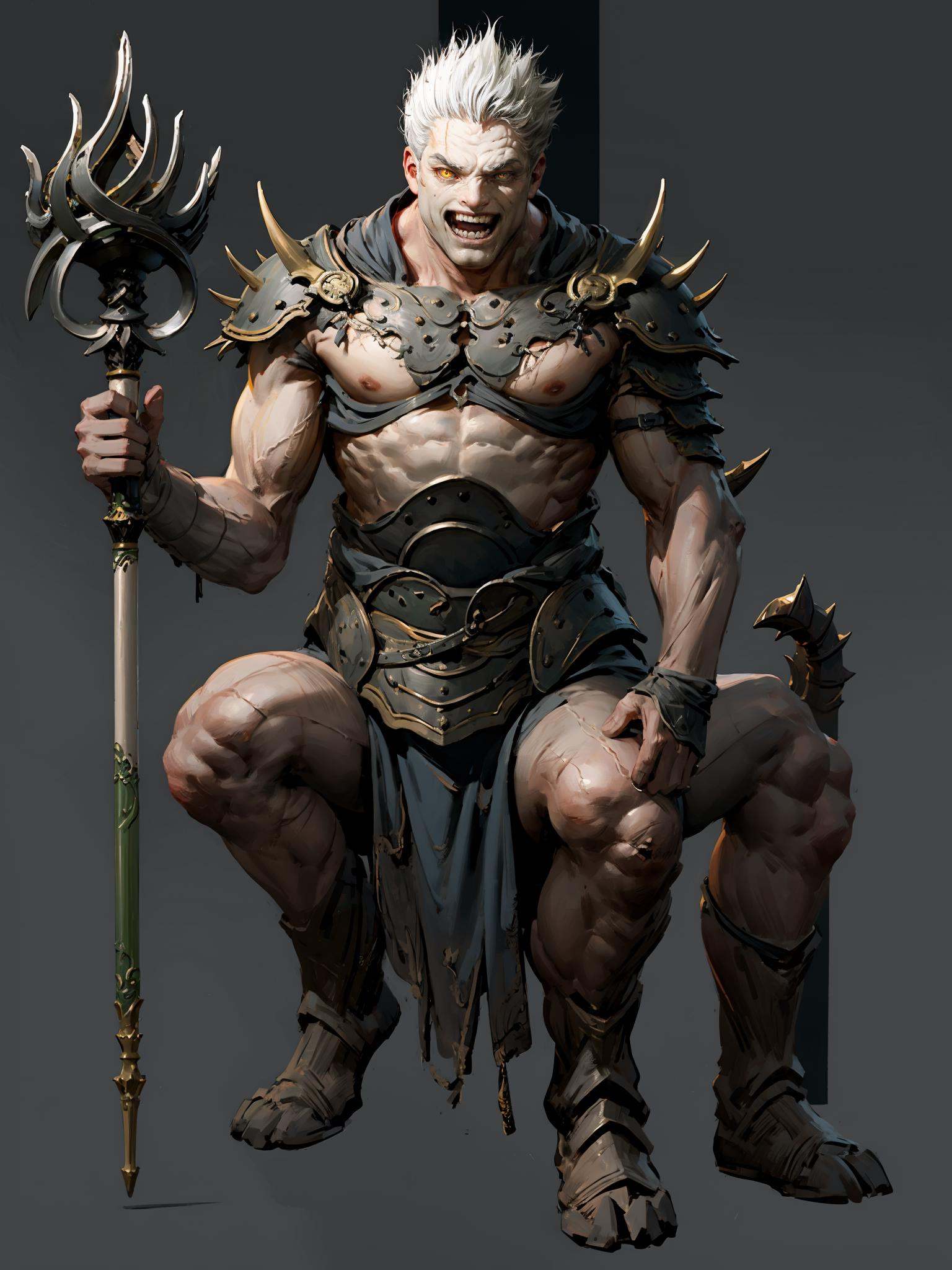 HEZI, game character, 2D, Black Myth Goku character, dark style, 1boy, male focus, solo, holding, staff, holding staff, open mouth, sitting, white hair, glowing, full body, weapon, teeth, polearm, taur, muscular, looking at viewer, glowing eyes, armor, veins, spiked hair, smile, holding weapon, colored skin, simple background,<lora:黑悟空人物设计-000011:0.7>,