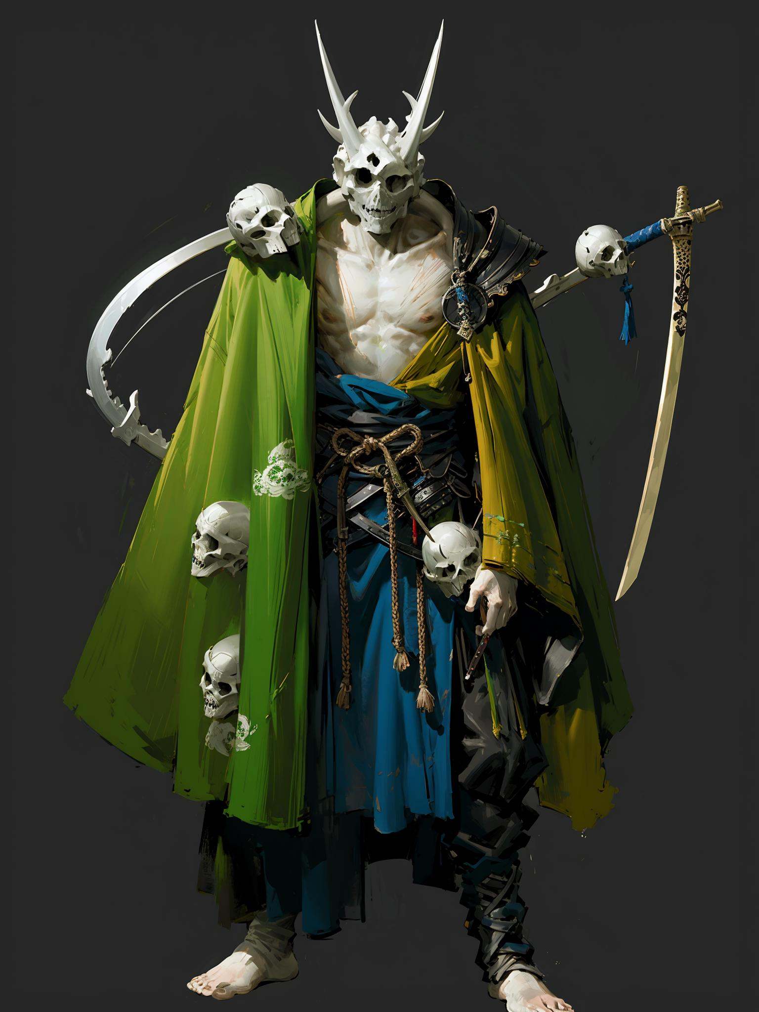 HEZI, game character, 2D, Black Myth Goku character, dark style, skull, solo, sword, weapon, 1boy, male focus, holding, standing, holding sword, barefoot, full body, holding weapon, sheath, cape, katana, simple background, black background, closed mouth, horns, armor, looking at viewer, japanese clothes, robe, long sleeves, sash, sheathed, shoulder armor, holding skull, collarbone<lora:黑悟空人物设计-000011:0.7>,