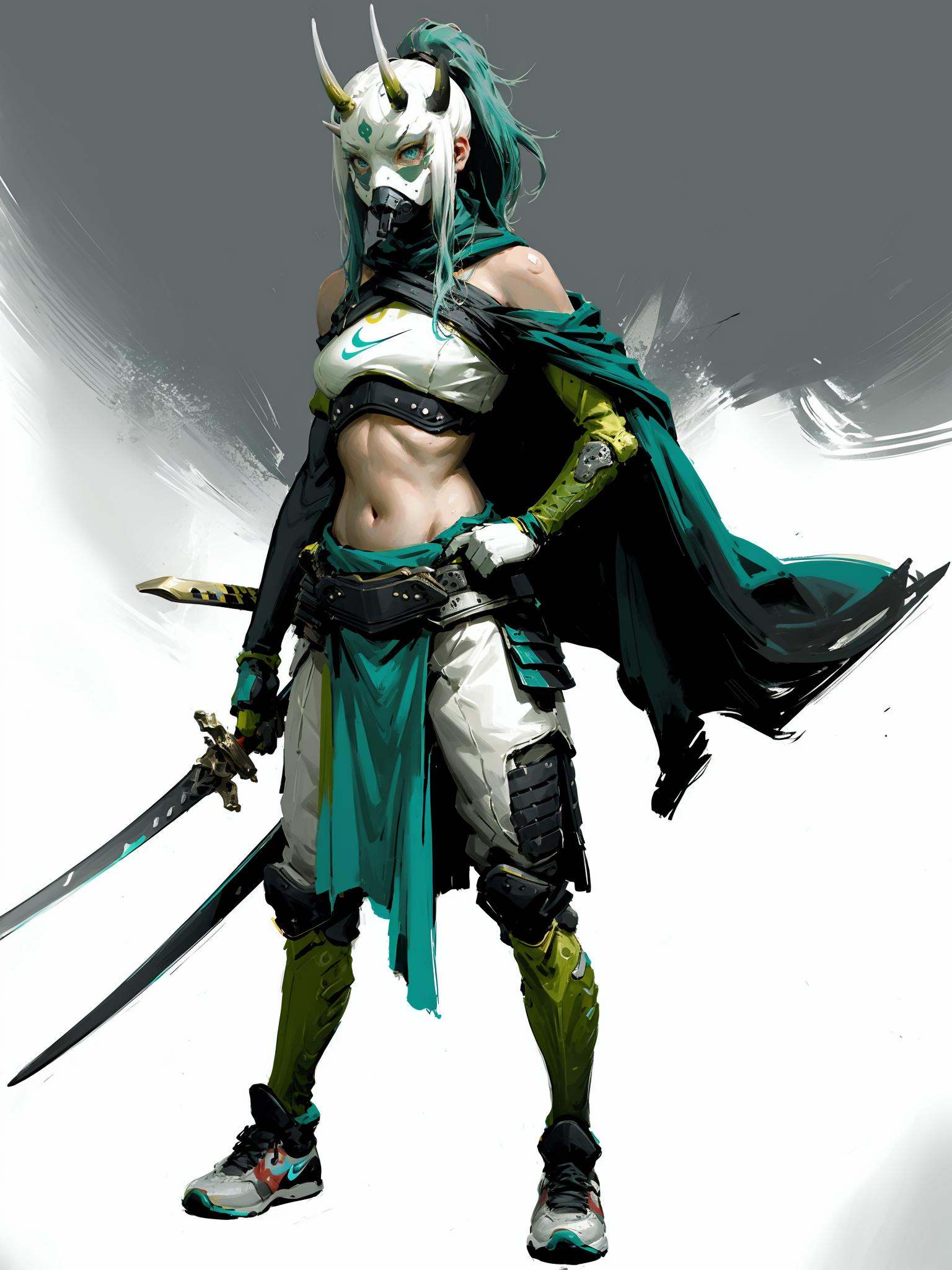 HEZI,game character design,Overwatch style,European and American character design,1girl,weapon,cyberpunk,sword,cyborg,katana,solo,mask,ponytail,mechanical arms,horns,sheath,shoes,sneakers,full body,breasts,looking at viewer,armor,blue eyes,scabbard,standing,multicolored hair,single mechanical arm,holding weapon,medium breasts,navel,nike,holding,grey hair,gas mask,sheathed,long hair,holding sword,midriff,aqua eyes,off shoulder,oni horns,hand on hip,mechanical legs,gloves,prosthesis,jacket,white background,gradient,fake horns,pants,green eyes,grey background,multicolored clothes,robot joints,mechanical hands,gradient hair,simple background,glowing,cape,joints,dark skin,android,two-tone hair,oni,dark-skinned female,japanese clothes,mechanical parts,paint,holstered weapon,skull,makeup,cloak,japanese armor,blue hair,paper,aqua hair,black gloves,eyeshadow,colored skin,mouth mask,prosthetic arm,asymmetrical legwear,gradient background,small breasts,green hair,fingernails,glowing eyes,<lora:黑悟空人物设计-000011:0.7>,