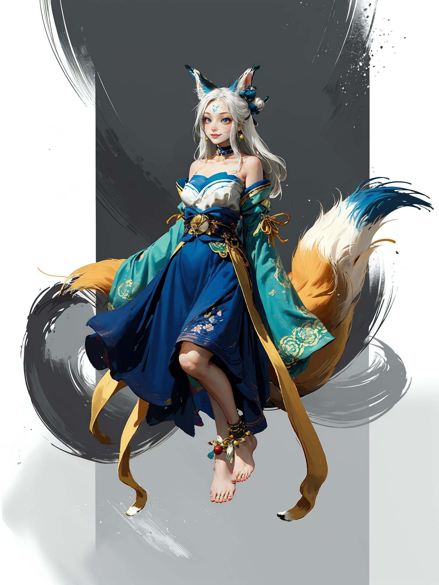 costume,HEZI,Chinese style,character design,game style,1girl,solo,long hair,barefoot,anklet,bell,dress,butterfly,white hair,hair ornament,bare shoulders,bug,flower,full body,white background,animal ears,blue eyes,jewelry,blue dress,fox ears,looking at viewer,simple background,floating,facial mark,tail,smile,ahri \(league of legends\),bangs,detached sleeves,jingle bell,orb,bare legs,fox tail,makeup,breasts,wide sleeves,very long hair,choker,hair bell,closed mouth,hair bun,petals,ribbon,lotus,blue flower,whisker markings,blue butterfly,white dress,<lora:黑悟空人物设计-000011:0.7>,