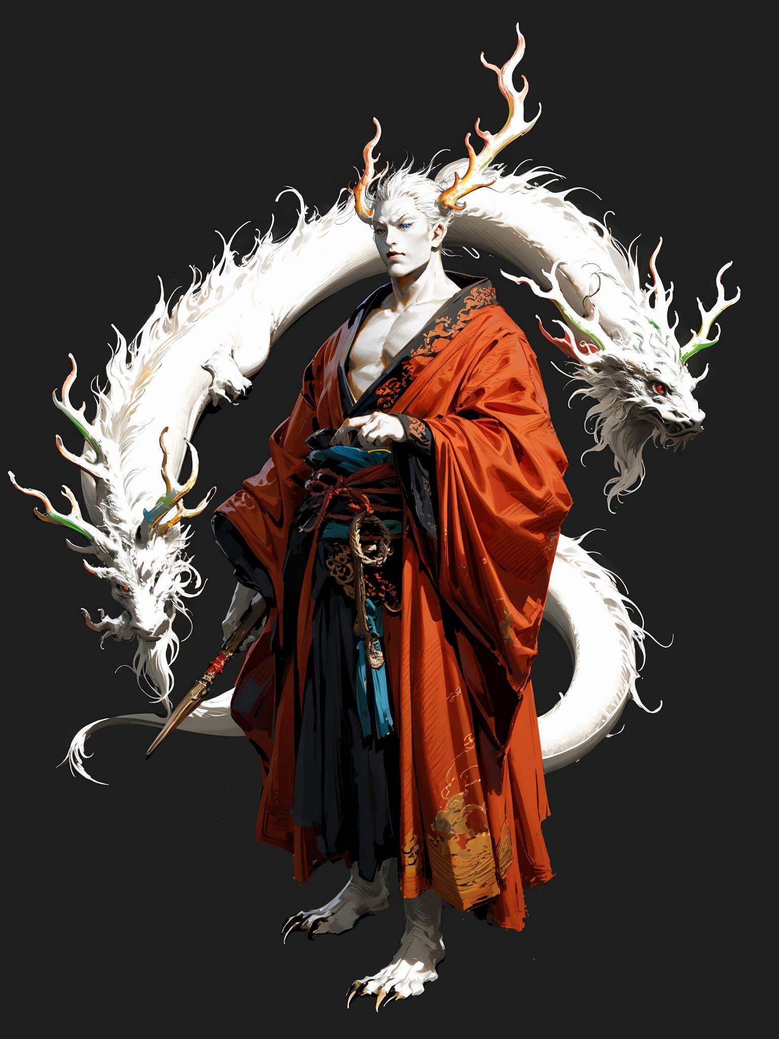 HEZI, game character, 2D, Black Myth Goku character, dark style, dragon, 1boy, male focus, eastern dragon, solo, white hair, japanese clothes, looking at viewer, colored skin, horns, closed mouth, blue eyes, robe, white background, pale skin, kimono, simple background, claws, standing, wide sleeves, red eyes, long sleeves, floating, monster, antlers, black nails, glowing, full body, white skin<lora:黑悟空人物设计-000011:0.7>,
