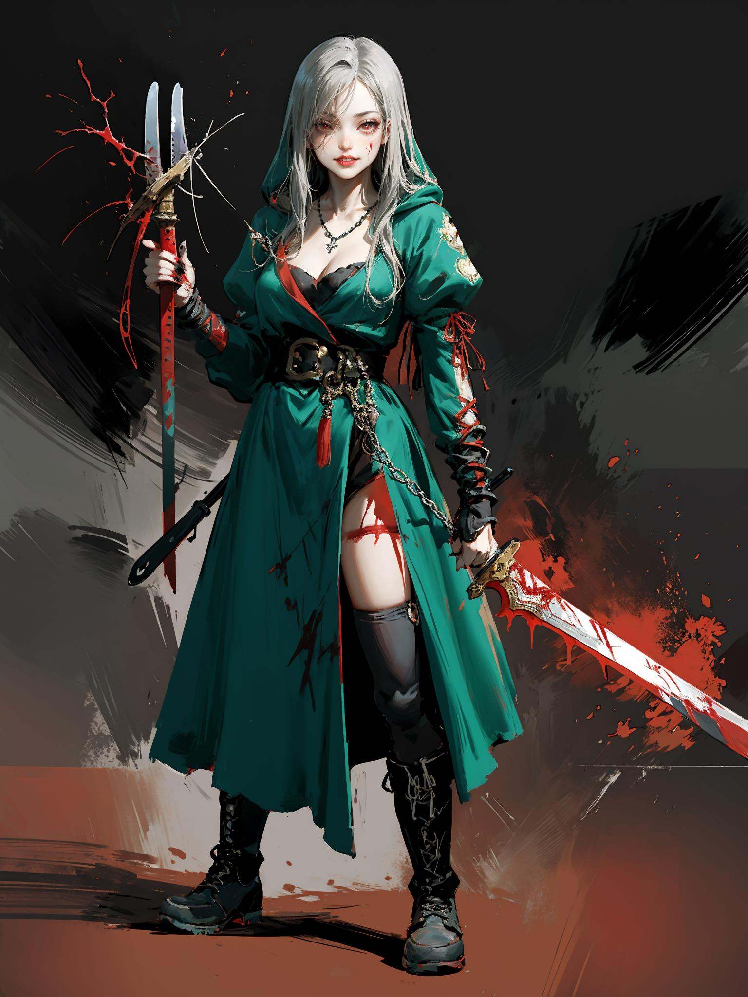 HEZI,European and American cartoon character design,tension,game style,game character,1girl,solo,weapon,thighhighs,blood,holding,red eyes,glowing,holding weapon,habit,puffy sleeves,nun,cross,dress,full body,tattoo,long sleeves,breasts,hood,hair over one eye,white hair,black thighhighs,standing,belt,black footwear,glowing eye,black dress,parted lips,red lips,juliet sleeves,knife,looking at viewer,glowing eyes,gradient,medium hair,blood on hands,boots,grey hair,gradient background,hood up,red background,blood on weapon,sword,cleavage,necklace,cross necklace,dagger,fingernails,jewelry,smile,teeth,holding knife,small breasts,lipstick,simple background,medium breasts,clothing cutout,long hair,cleavage cutout,holding sword,hand tattoo,makeup,black nails,legs apart,bangs,reverse grip,holding dagger,<lora:黑悟空人物设计-000011:0.7>,