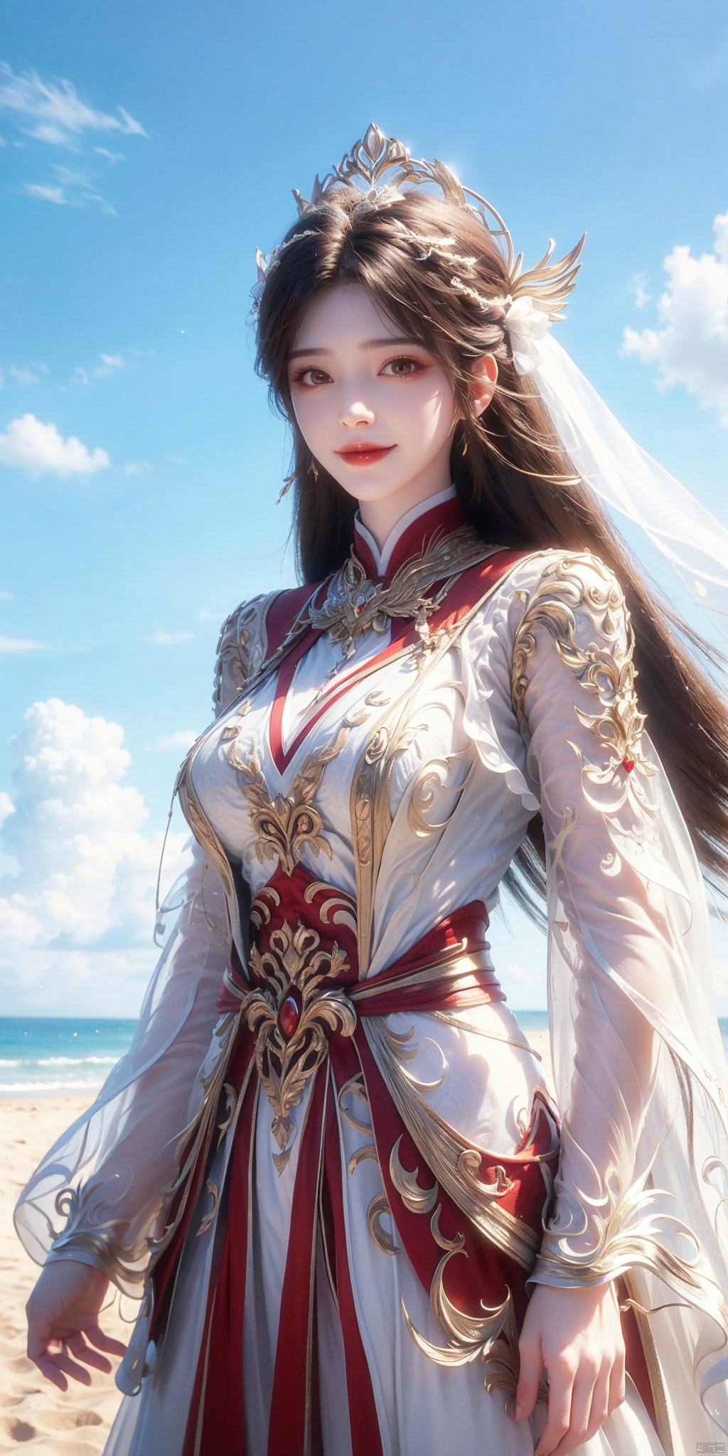 best quality, masterpiece, realistic,cowboy short,(Good structure), DSLR Quality,Depth of field,kind smile,looking_at_viewer,Dynamic pose, , Blue sky and white clouds on the beach,Masterpiece, (ultra wide angle lens: 1.2), Unity8k wallpaper, best quality, (detail shadow: 1.1), a beautiful girl, on a sea of light blue silk, translucent silk, floating light blue silk, surrealist style, minimalism, highly detailed texture, light blue, white clean background, CG rendering, light passing through clouds, 8k resolution, (motion photo: 1.2), (Fidelity: 1.4), original photos, movie lighting, 1girl,, , ,kind smile, , weddingdress,huolinger