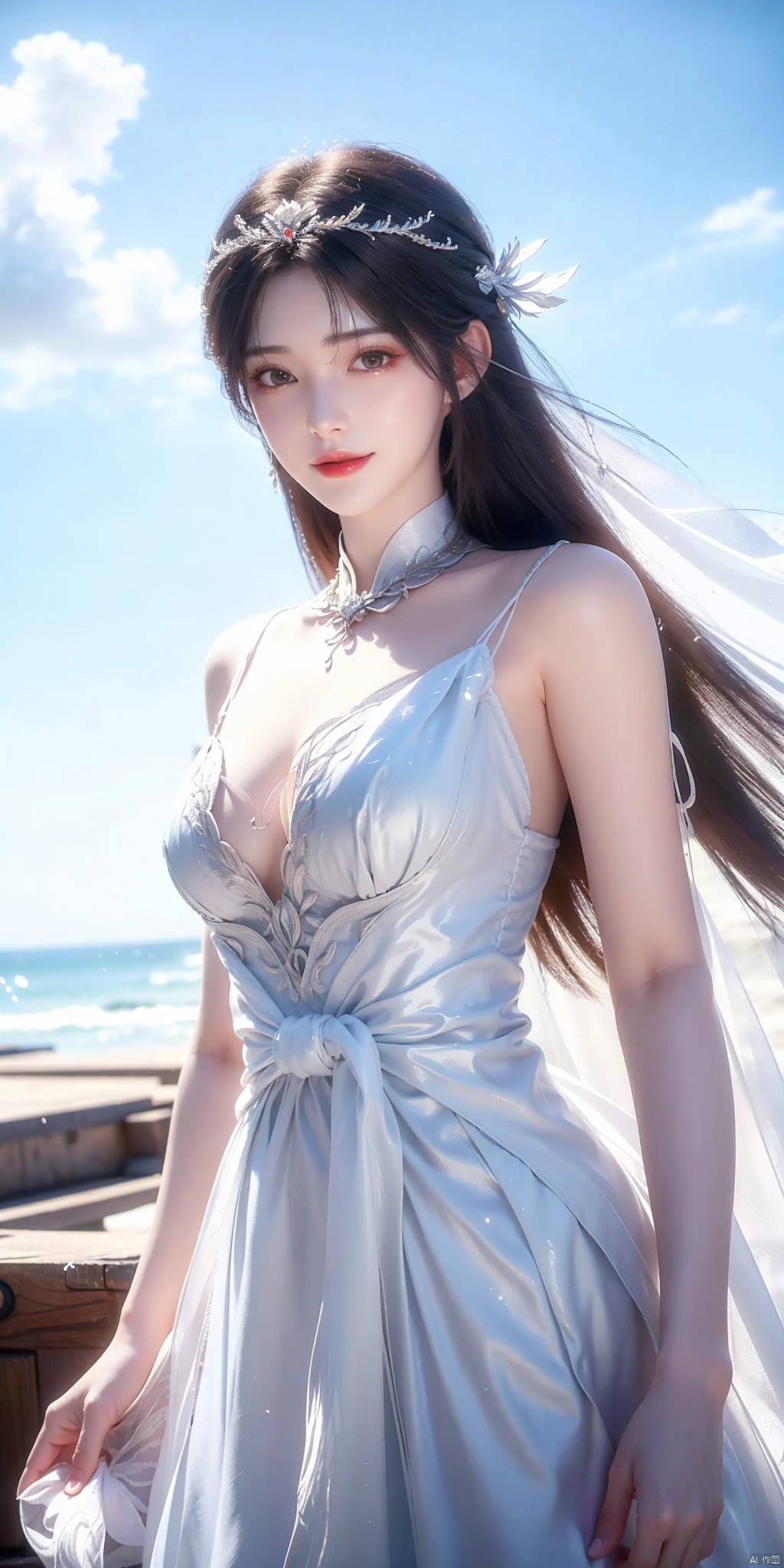 best quality, masterpiece, realistic,cowboy short,(Good structure), DSLR Quality,Depth of field,kind smile,looking_at_viewer,Dynamic pose, , Blue sky and white clouds on the beach,Masterpiece, (ultra wide angle lens: 1.2), Unity8k wallpaper, best quality, (detail shadow: 1.1), a beautiful girl, on a sea of light blue silk, translucent silk, floating light blue silk, surrealist style, minimalism, highly detailed texture, light blue, white clean background, CG rendering, light passing through clouds, 8k resolution, (motion photo: 1.2), (Fidelity: 1.4), original photos, movie lighting, 1girl,, , ,kind smile, , weddingdress,huolinger