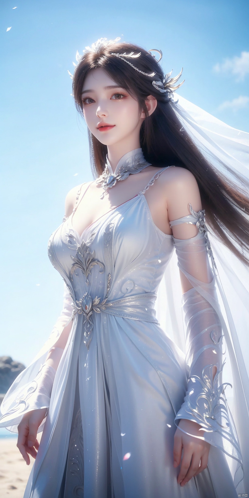 best quality, masterpiece, realistic,cowboy short,(Good structure), DSLR Quality,Depth of field,kind smile,looking_at_viewer,Dynamic pose, , Blue sky and white clouds on the beach,Masterpiece, (ultra wide angle lens: 1.2), Unity8k wallpaper, best quality, (detail shadow: 1.1), a beautiful girl, on a sea of light blue silk, translucent silk, floating light blue silk, surrealist style, minimalism, highly detailed texture, light blue, white clean background, CG rendering, light passing through clouds, 8k resolution, (motion photo: 1.2), (Fidelity: 1.4), original photos, movie lighting, 1girl,, , ,kind smile, , weddingdress,huolinger