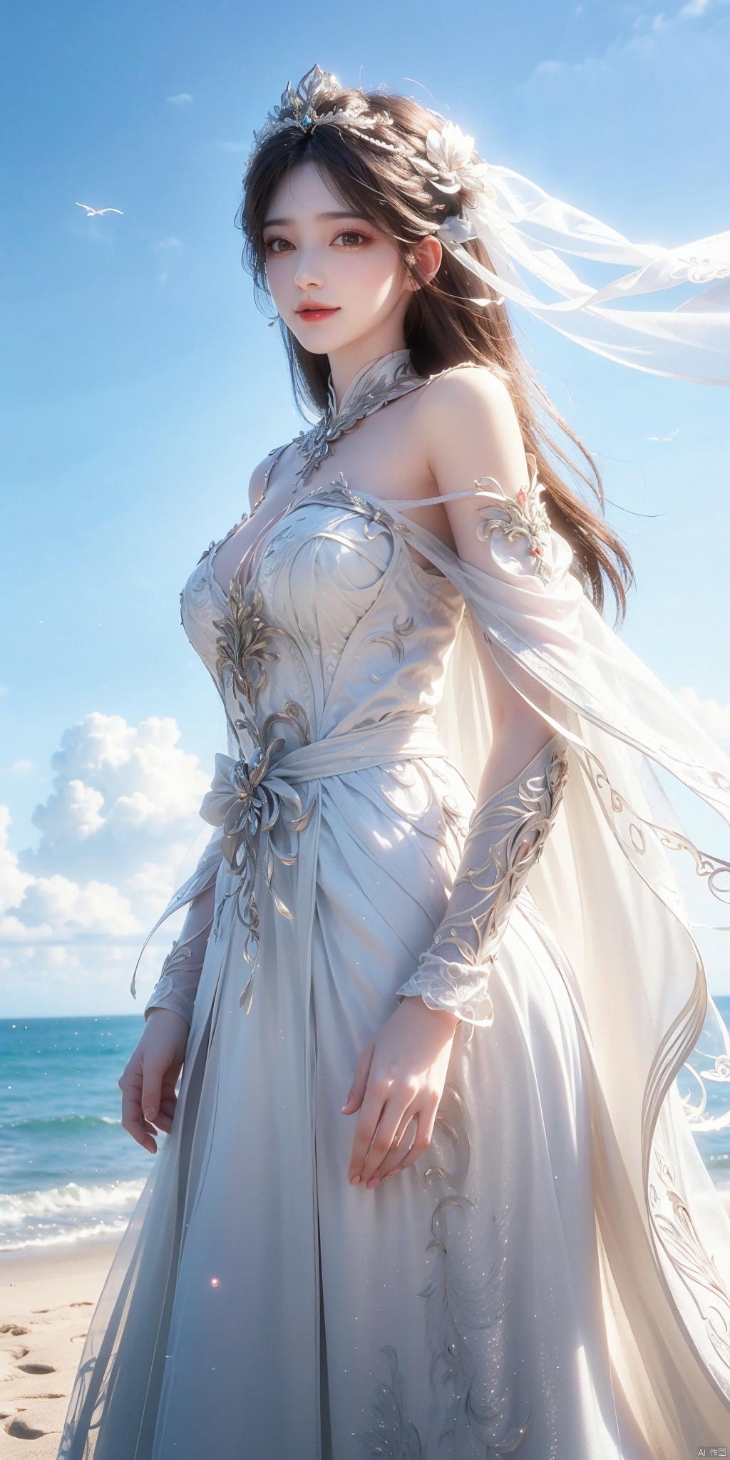 best quality, masterpiece, realistic,cowboy short,(Good structure), DSLR Quality,Depth of field,kind smile,looking_at_viewer,Dynamic pose, , Blue sky and white clouds on the beach,Masterpiece, (ultra wide angle lens: 1.2), Unity8k wallpaper, best quality, (detail shadow: 1.1), a beautiful girl, on a sea of light blue silk, translucent silk, floating light blue silk, surrealist style, minimalism, highly detailed texture, light blue, white clean background, CG rendering, light passing through clouds, 8k resolution, (motion photo: 1.2), (Fidelity: 1.4), original photos, movie lighting, 1girl,, , ,kind smile, , weddingdress,huolinger