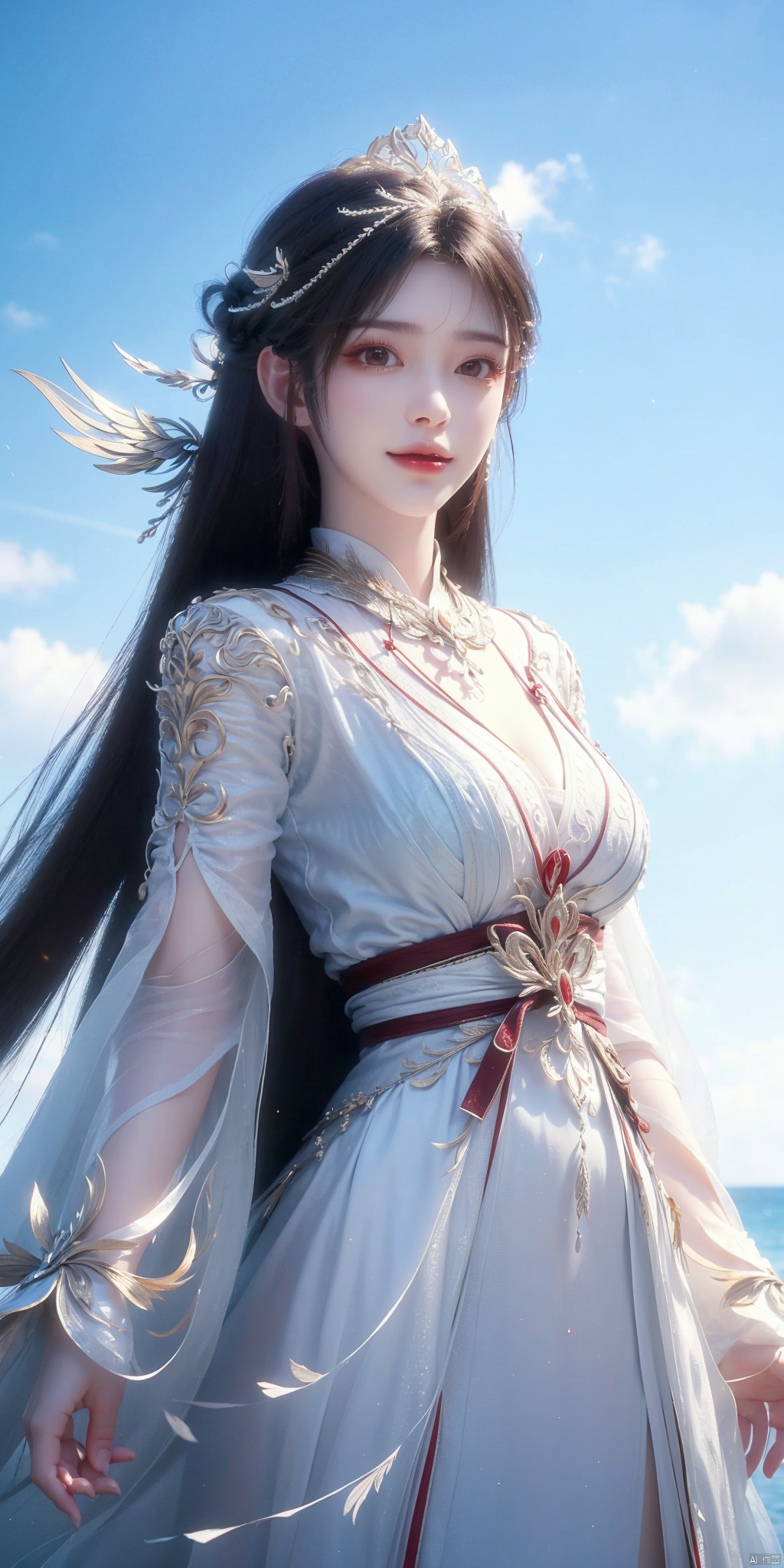 best quality, masterpiece, realistic,cowboy short,(Good structure), DSLR Quality,Depth of field,kind smile,looking_at_viewer,Dynamic pose, , Blue sky and white clouds on the beach,Masterpiece, (ultra wide angle lens: 1.2), Unity8k wallpaper, best quality, (detail shadow: 1.1), a beautiful girl, on a sea of light blue silk, translucent silk, floating light blue silk, surrealist style, minimalism, highly detailed texture, light blue, white clean background, CG rendering, light passing through clouds, 8k resolution, (motion photo: 1.2), (Fidelity: 1.4), original photos, movie lighting, 1girl,, , ,kind smile, , weddingdress,huolinger