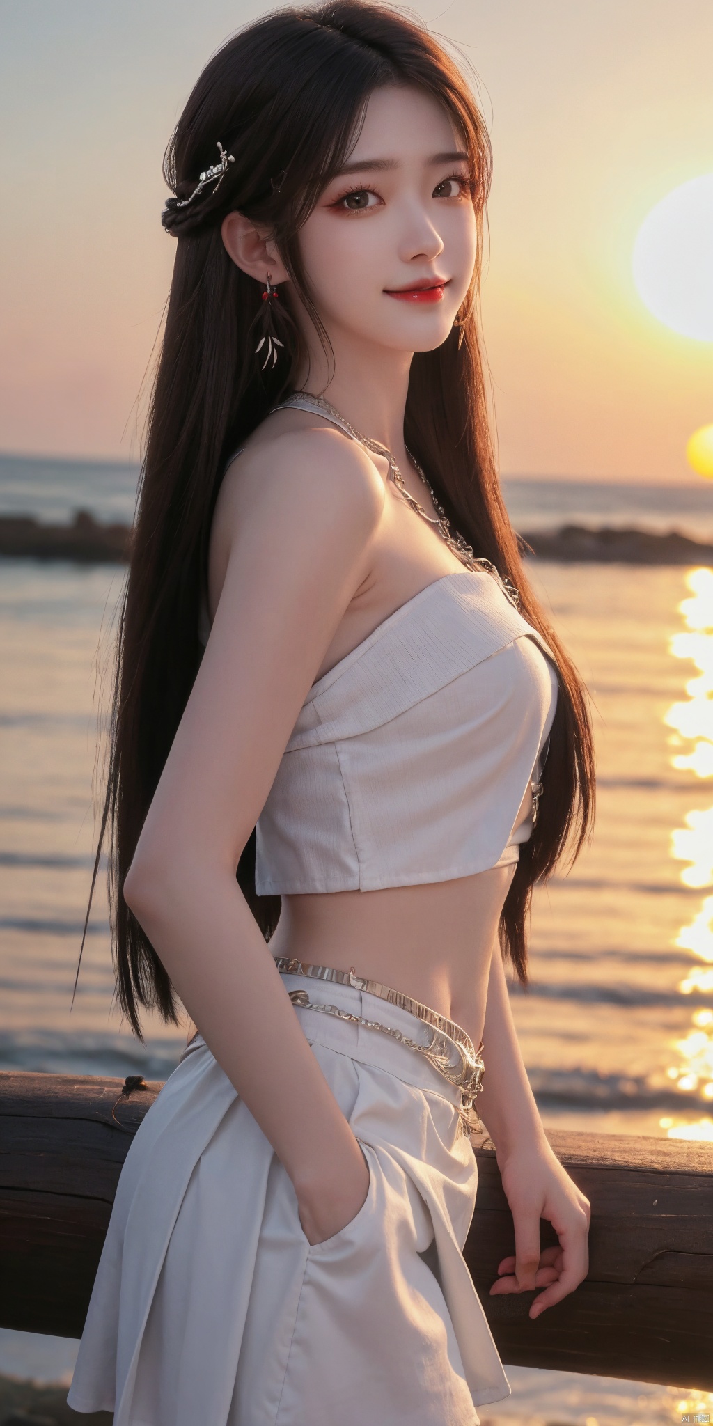  best quality, masterpiece, realistic,cowboy_shot,(Good structure), DSLR Quality,Depth of field,kind smile,looking_at_viewer,Dynamic pose, 
1girl, solo, long hair, , looking at viewer, skirt, hair ornament, bare shoulders, jewelry, , black hair, earrings, outdoors, midriff, water, necklace, lips, crop top, grey eyes, leaning forward, ocean, white skirt, strapless vest, sunset, sun, ,huolinger