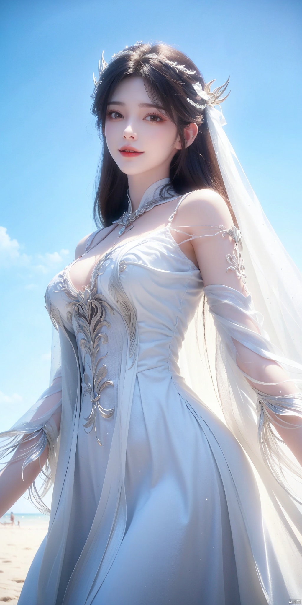 best quality, masterpiece, realistic,cowboy short,(Good structure), DSLR Quality,Depth of field,kind smile,looking_at_viewer,Dynamic pose, , Blue sky and white clouds on the beach,Masterpiece, (ultra wide angle lens: 1.2), Unity8k wallpaper, best quality, (detail shadow: 1.1), a beautiful girl, on a sea of light blue silk, translucent silk, floating light blue silk, surrealist style, minimalism, highly detailed texture, light blue, white clean background, CG rendering, light passing through clouds, 8k resolution, (motion photo: 1.2), (Fidelity: 1.4), original photos, movie lighting, 1girl,, , ,kind smile, , weddingdress,huolinger