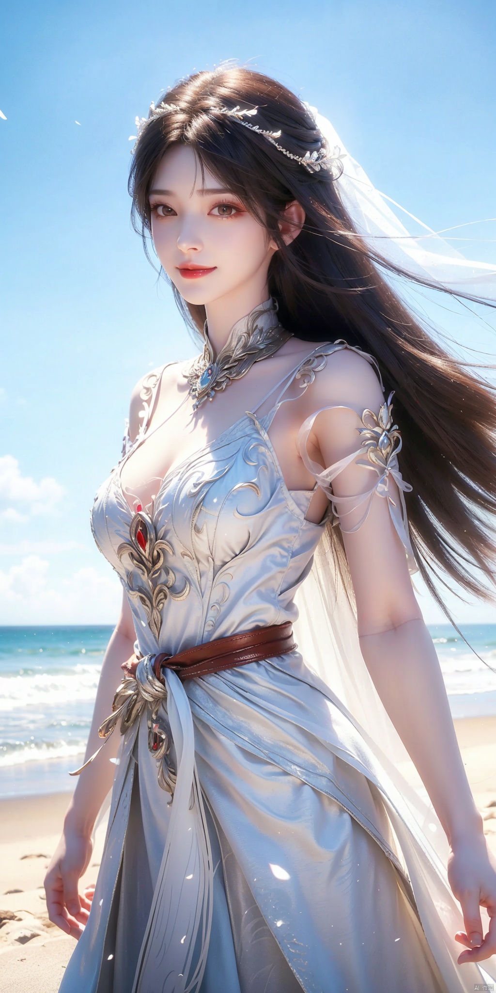 best quality, masterpiece, realistic,cowboy short,(Good structure), DSLR Quality,Depth of field,kind smile,looking_at_viewer,Dynamic pose, , Blue sky and white clouds on the beach,Masterpiece, (ultra wide angle lens: 1.2), Unity8k wallpaper, best quality, (detail shadow: 1.1), a beautiful girl, on a sea of light blue silk, translucent silk, floating light blue silk, surrealist style, minimalism, highly detailed texture, light blue, white clean background, CG rendering, light passing through clouds, 8k resolution, (motion photo: 1.2), (Fidelity: 1.4), original photos, movie lighting, 1girl,, , ,kind smile, , weddingdress,huolinger