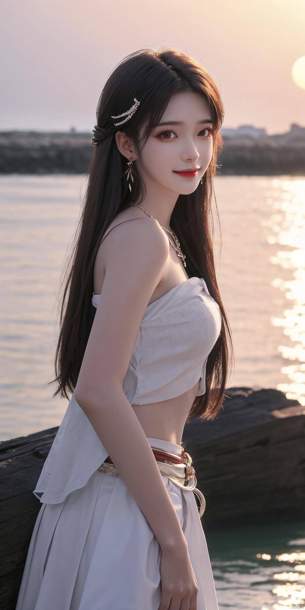  best quality, masterpiece, realistic,cowboy_shot,(Good structure), DSLR Quality,Depth of field,kind smile,looking_at_viewer,Dynamic pose, 
1girl, solo, long hair, , looking at viewer, skirt, hair ornament, bare shoulders, jewelry, , black hair, earrings, outdoors, midriff, water, necklace, lips, crop top, grey eyes, leaning forward, ocean, white skirt, strapless vest, sunset, sun, ,huolinger
