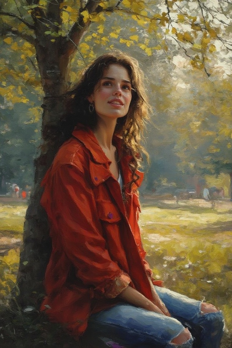 Beautiful woman,  sitting in the park,  wearing a red jacket on Tensor.Art