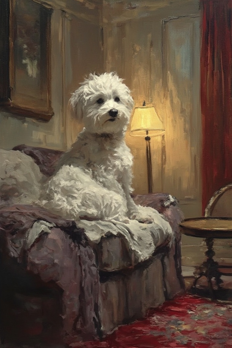 White dog,  cute,  sitting on sofa on Tensor.Art
