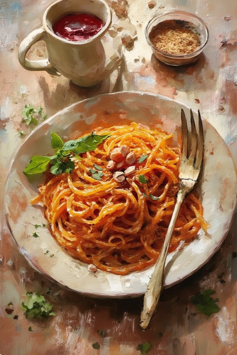 A plate of spaffeti,  lots of seasonings,  a fork on Tensor.Art