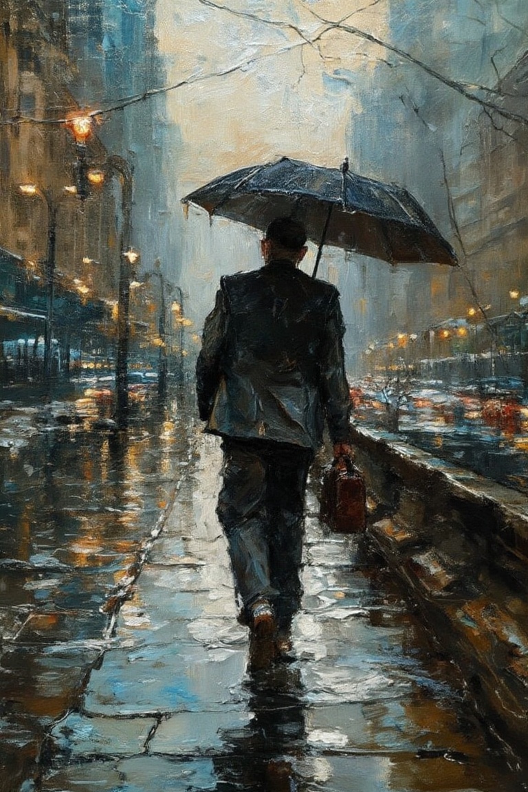 Handsome man,  walking with umbrella,  rain on Tensor.Art