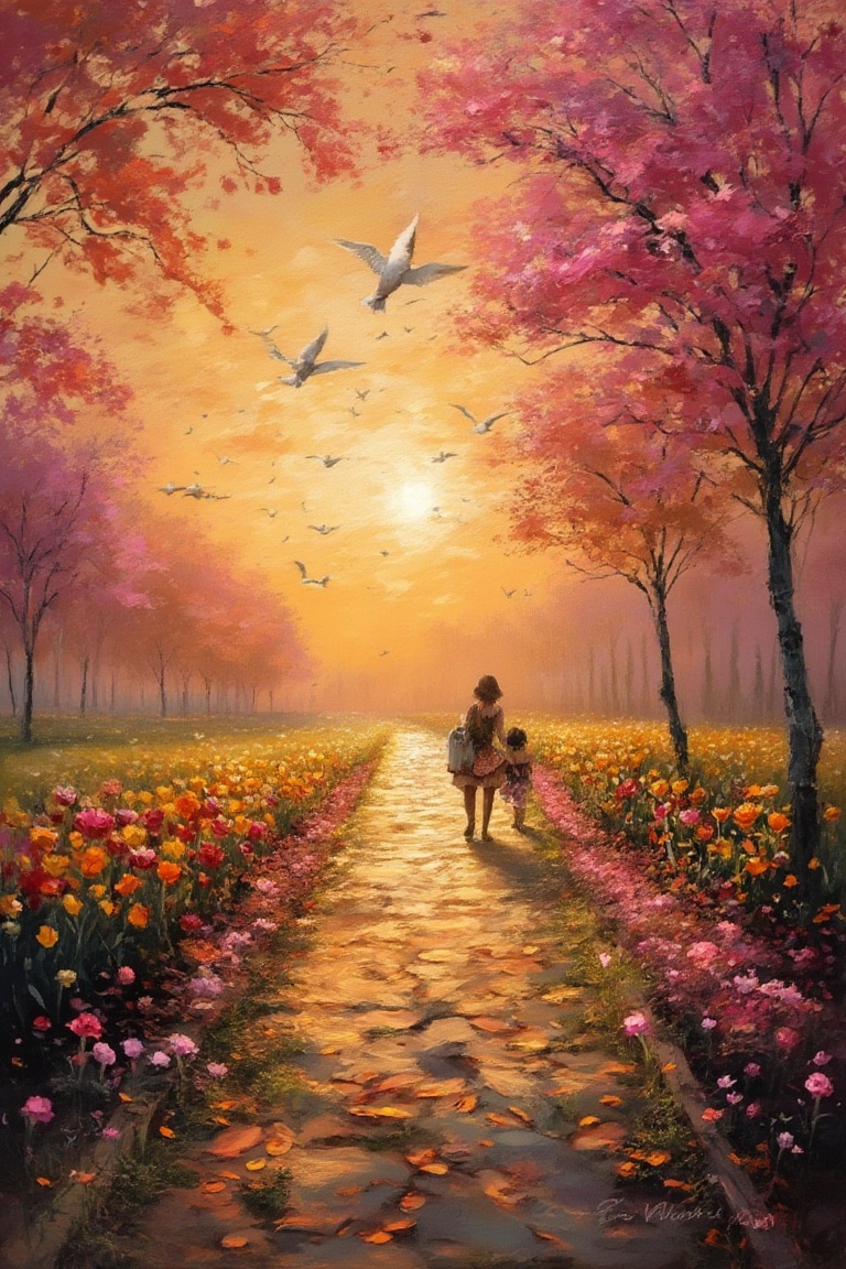Flower garden,  afternoon,  people walking on Tensor.Art