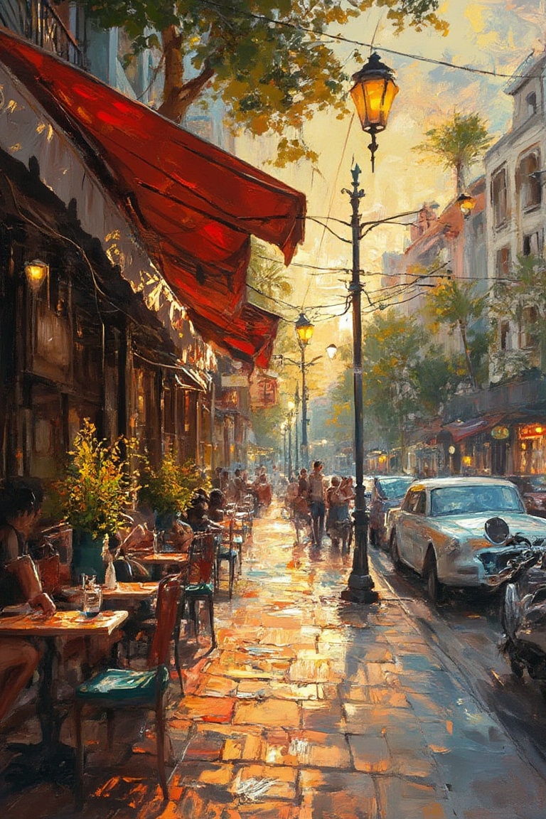 City streets,  shops,  cafe tables and chairs outside the cafe on Tensor.Art
