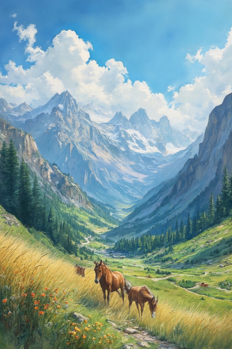 Beautiful mountains, highway to the mountains, blue sky, beautiful white clouds, sunlight, grass fields, horses eating grass,Watercolor painting style 