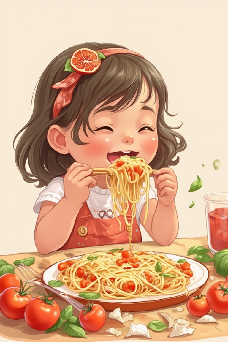 Little girl eating spaghetti,  Illustrations style on Tensor.Art