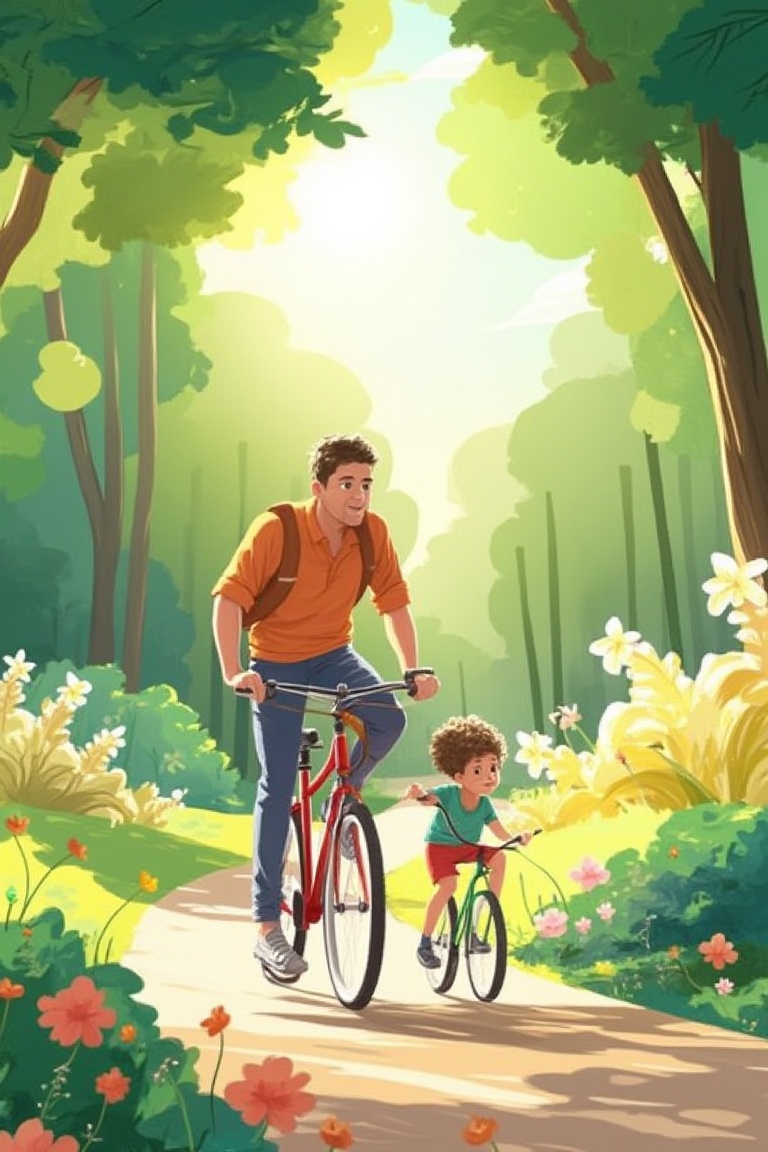 A father and his son,  learning to ride a bicycle,  in the park on Tensor.Art