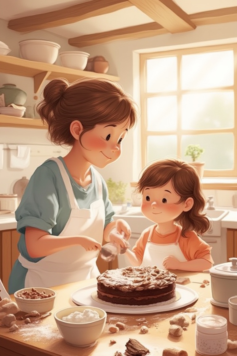 Mother and daughter,  cooking chocolate cake,  in the kitchen on Tensor.Art