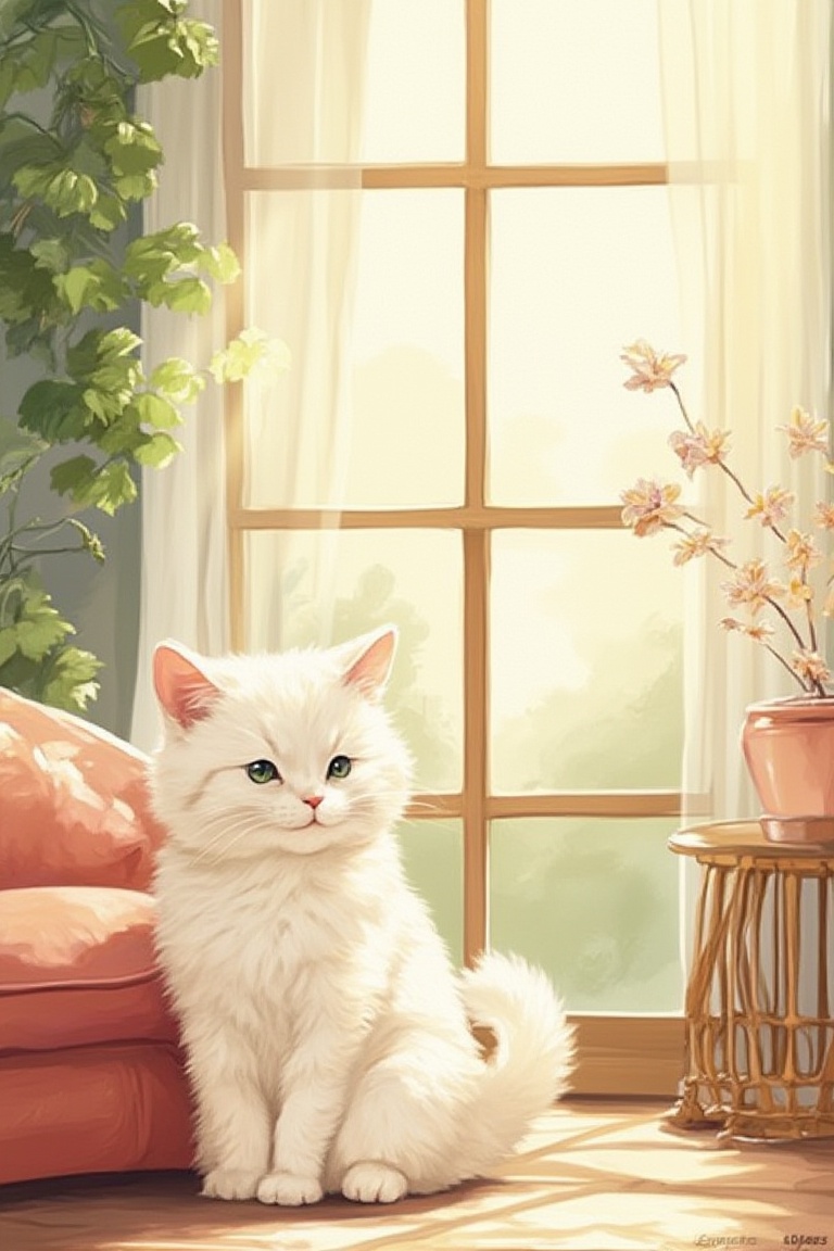 Cute white cat,  sofa,  living room on Tensor.Art